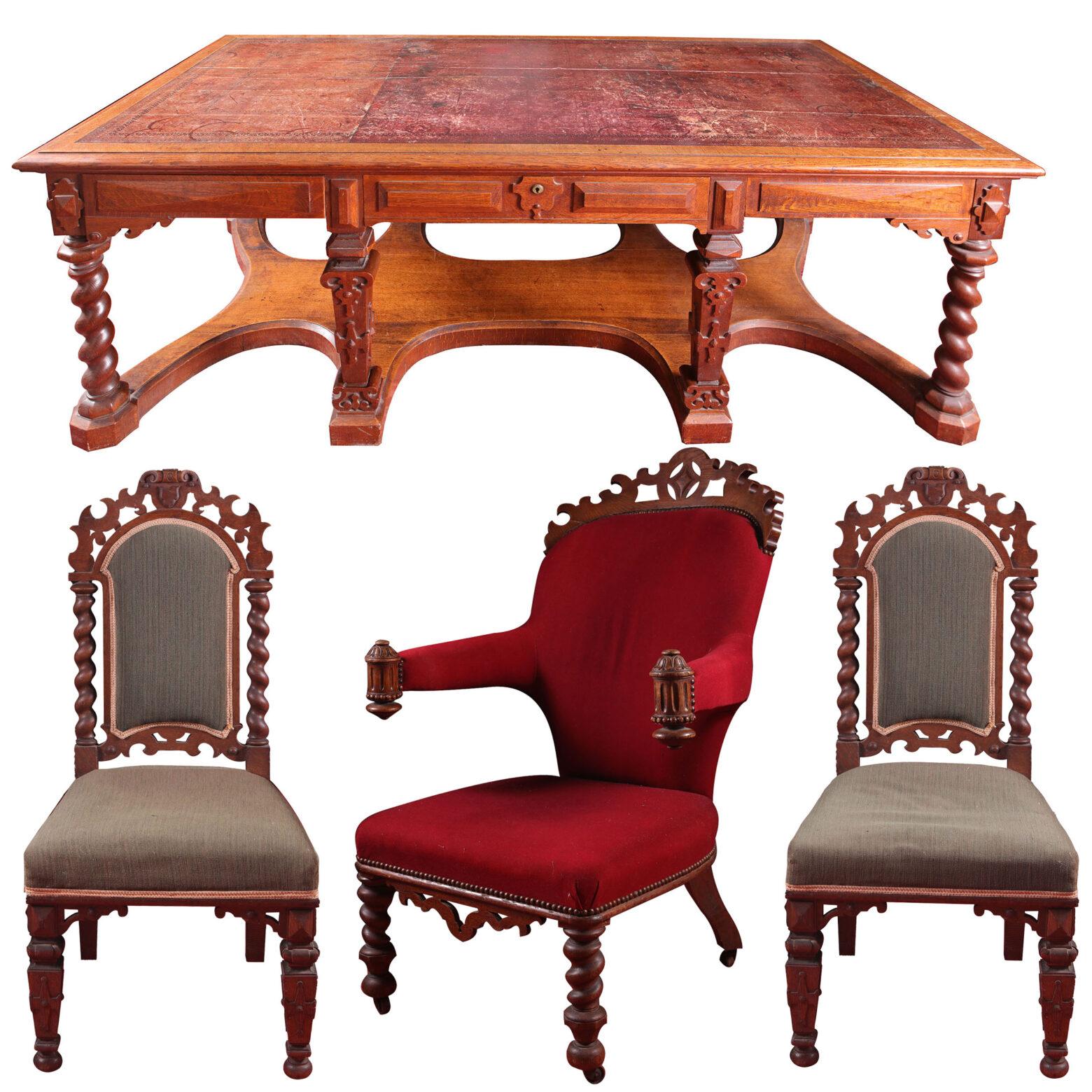 SCRIVANIA E SEDIE DI RICHARD BRIDGENS PARTNERS
Numero di serie: 37331

Una rara scrivania architettonica inglese in quercia con il piano originale in pelle lavorata. Con tre cassetti su ogni lato, il tutto sollevato su gambe a torsione d'orzo agli