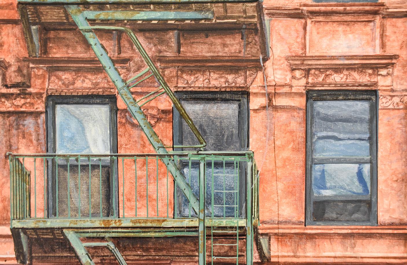 14th St. & 7th Ave (Photo-Realist Oil Painting of Classic NYC Red Building) - Brown Still-Life Painting by Richard Britell