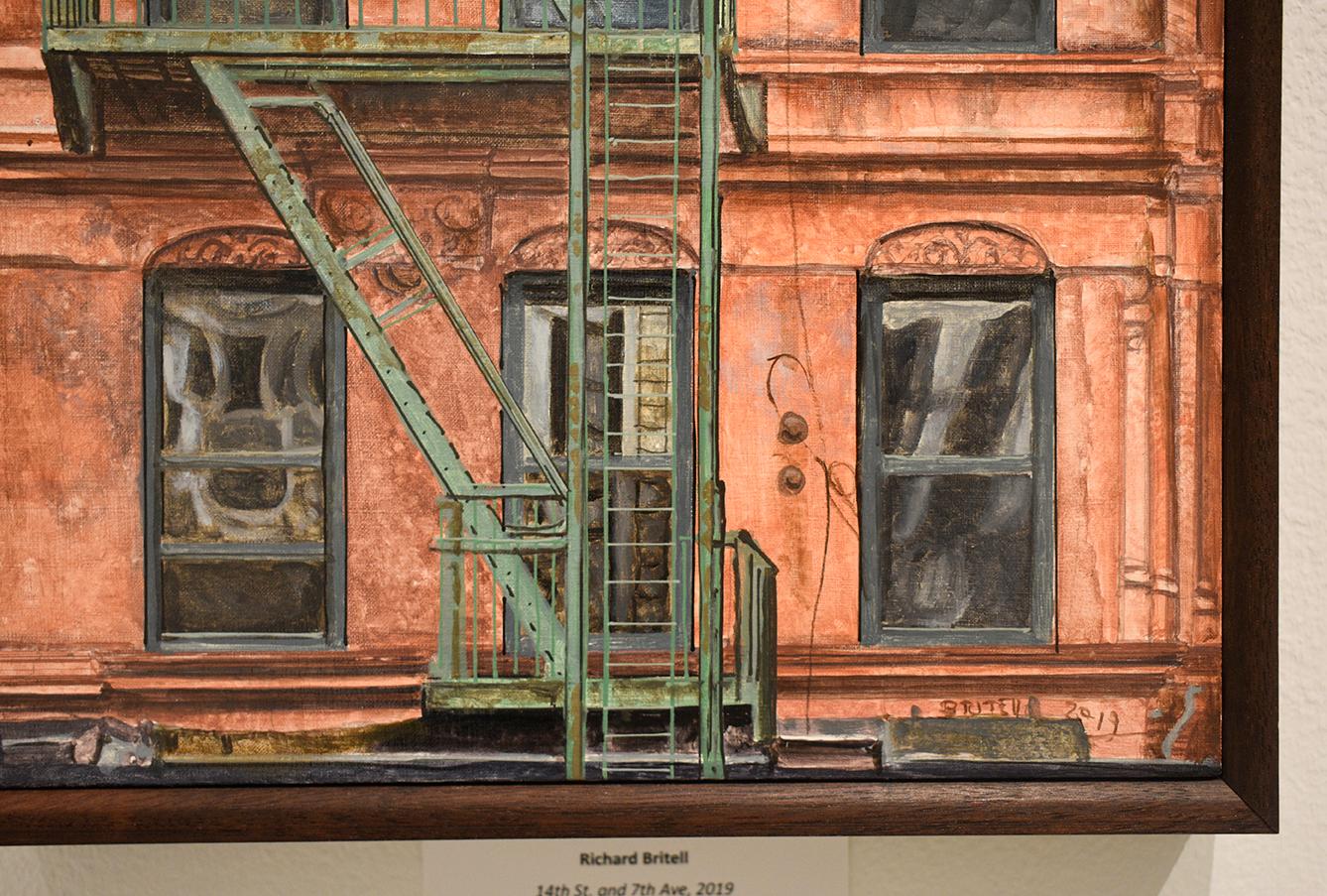 Photo-realist oil painting of a classic sienna red colored stone building exterior in New York City 
Oil on linen mounted on panel in a handmade walnut frame
10 x 9 x 2 inches framed
Wire backing for seamless hanging

This contemporary, realistic