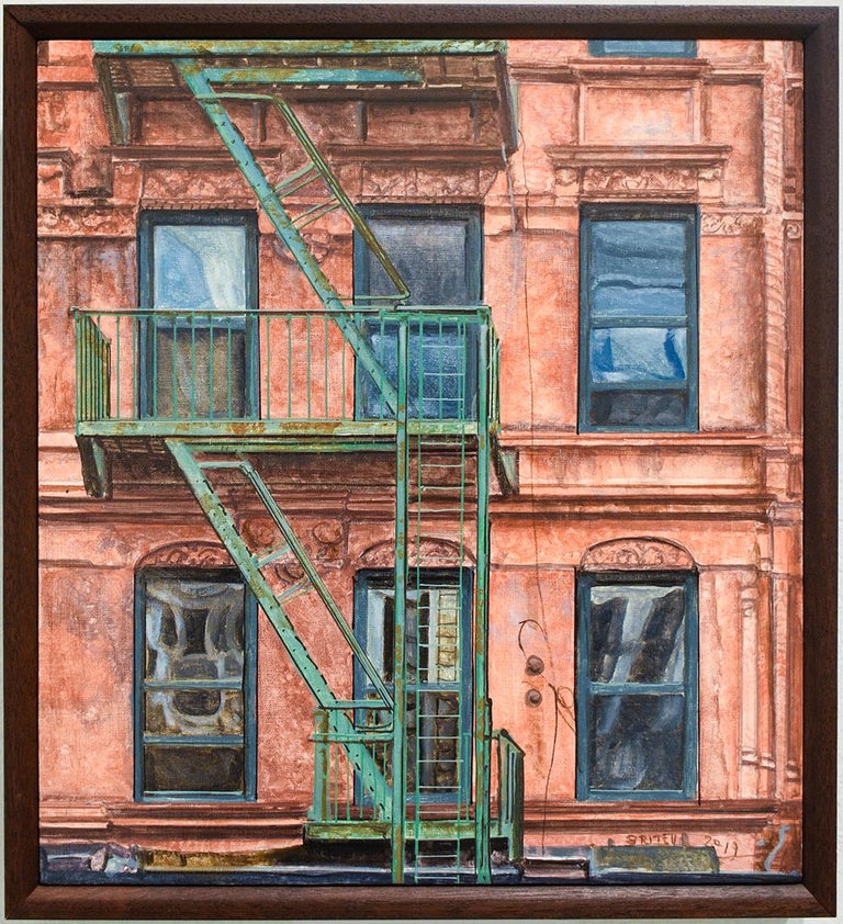 Photo-realist oil painting of a classic sienna red colored stone building exterior in New York City 
Oil on linen mounted on panel in a handmade walnut frame
10 x 9 x 2 inches framed
Wire backing for seamless hanging

This contemporary, realistic