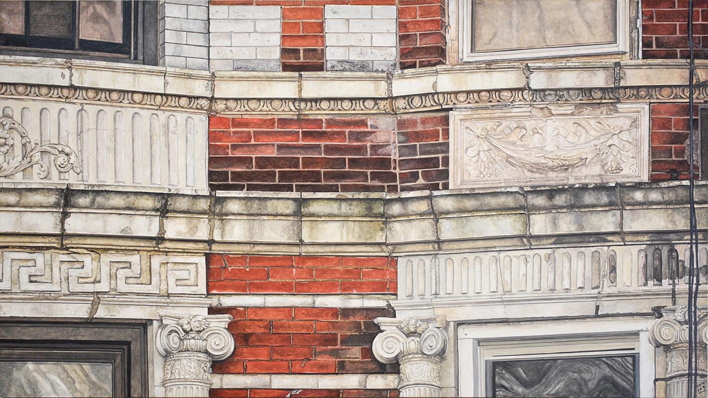 14th Street (Pintura al óleo fotorrealista de un edificio clásico de ladrillo de Nueva York) en venta 2