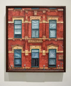 Roter Quadrat (fotorealistisches Ölgemälde eines roten Backsteingebäudes in New York City, gerahmt)