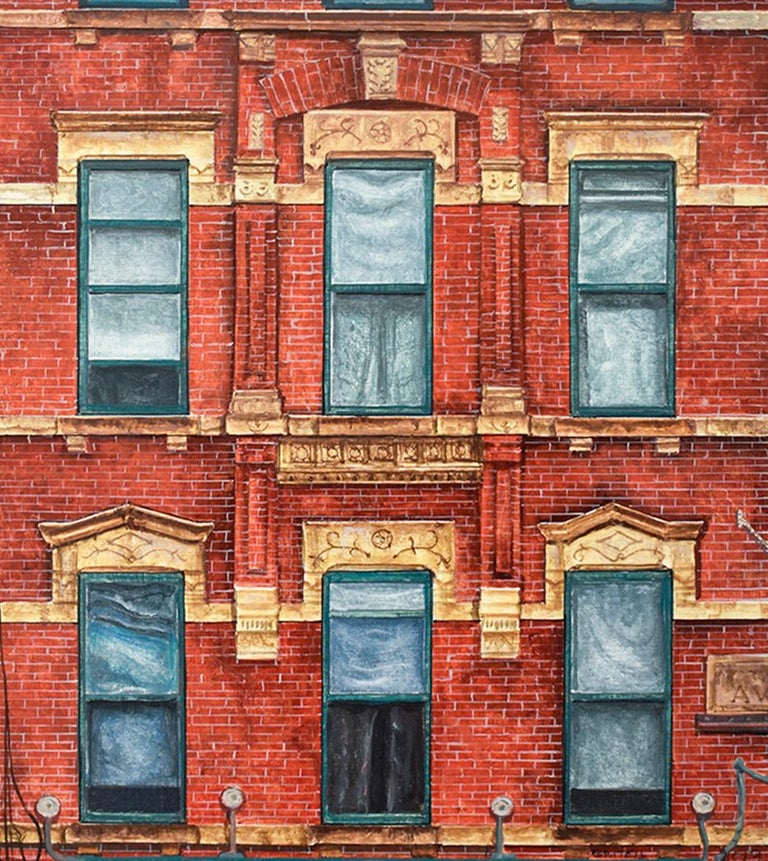 Photo-realist oil painting of classic red brick building exterior in New York City 
Oil on linen mounted on panel in a handmade walnut frame
11.25 x 10 x 2 inches framed
Wire backing for seamless hanging

This contemporary, realistic oil painting of
