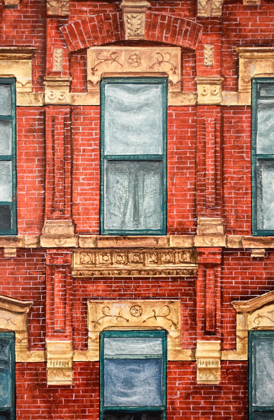 Red Square (Photo-Realist Oil Painting of NYC Red Brick Building, Framed) - Brown Still-Life Painting by Richard Britell