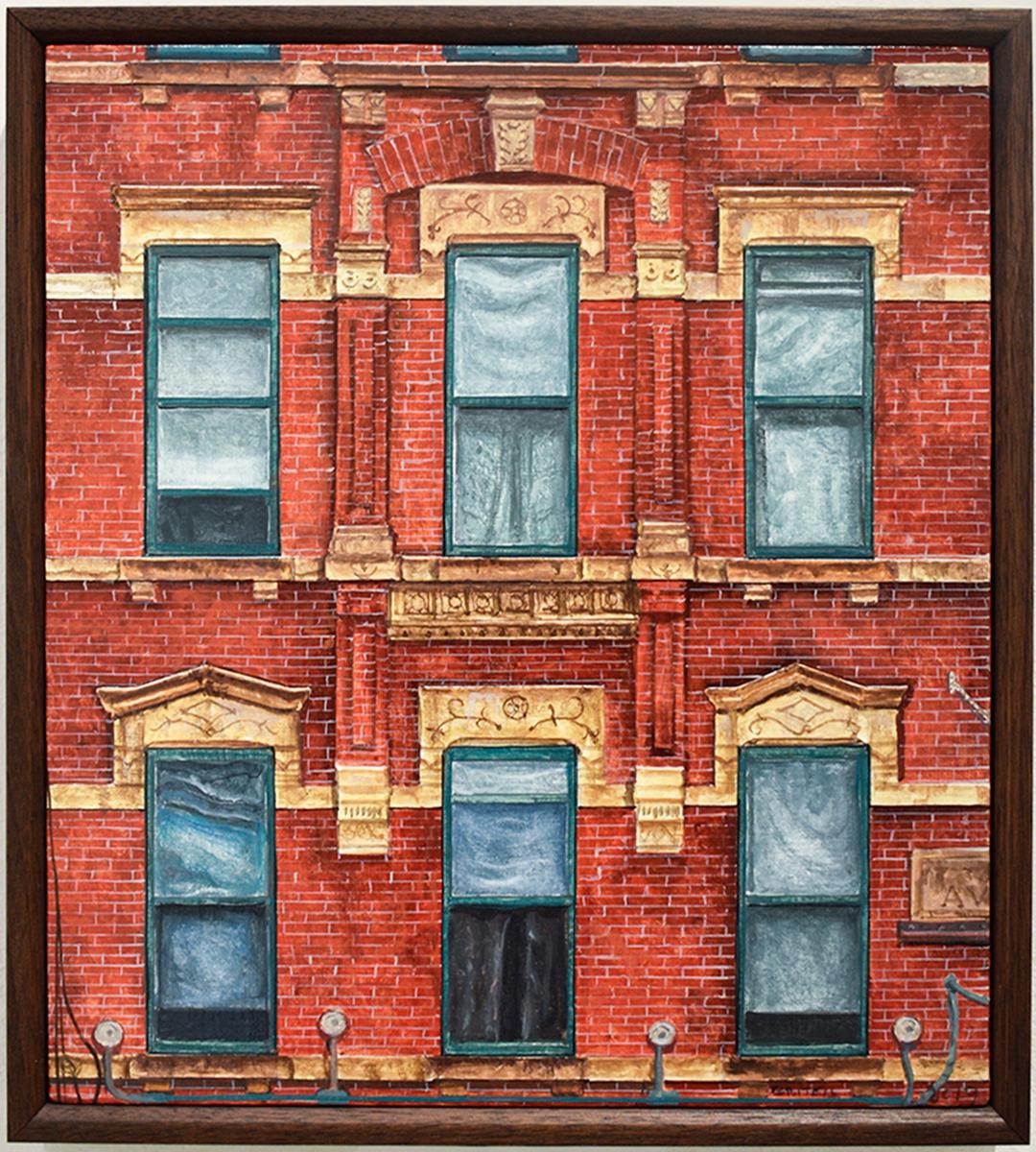 Red Square (Photo-Realist Oil Painting of NYC Red Brick Building, Framed)
