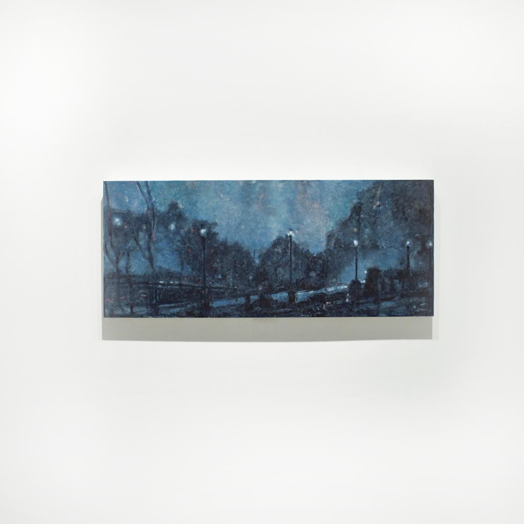 Saw Mill (peinture à l'huile sur toile - paysage monochrome bleu impressionniste) - Painting de Richard Britell