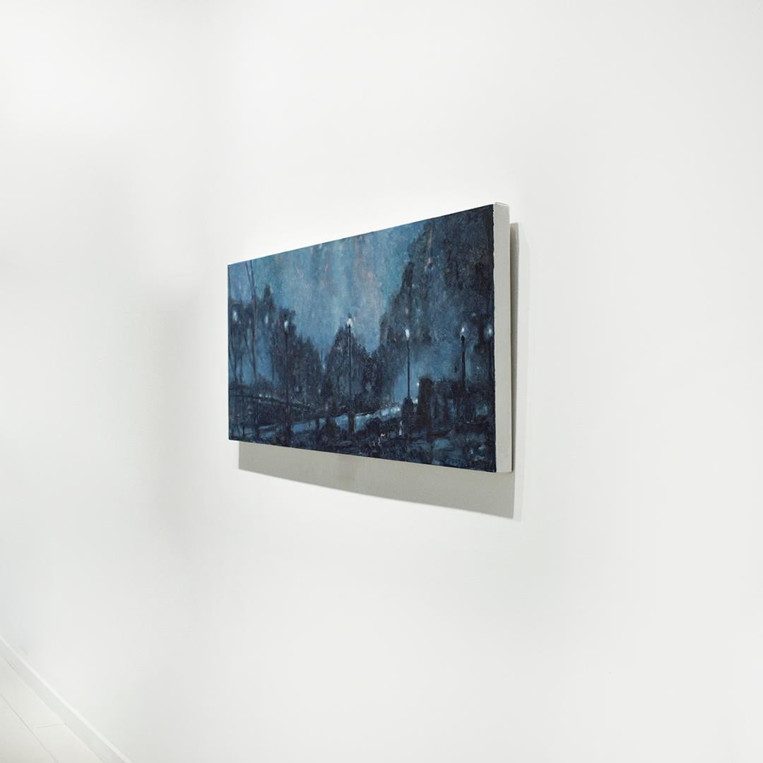 Segheria (dipinto a olio su tela di un paesaggio monocromatico blu) - Painting Moderno di Richard Britell