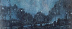 Saw Mill (Impressionist Monochromatic Blue Landscape Oil Painting on Canvas)