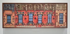 Six Windows, Myrtle Ave (Pittura ad olio fotorealista di un classico edificio rosso di New York)