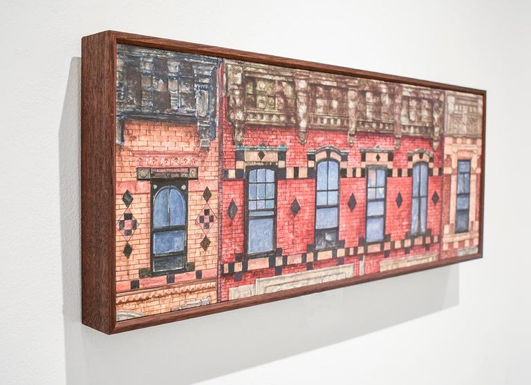 Photo-realist oil painting of a classic red brick building exterior in New York City 
Oil on linen mounted on panel in a handmade walnut frame
10 x 27 x 2 inches framed
Wire backing for seamless hanging

This contemporary, realistic oil painting of