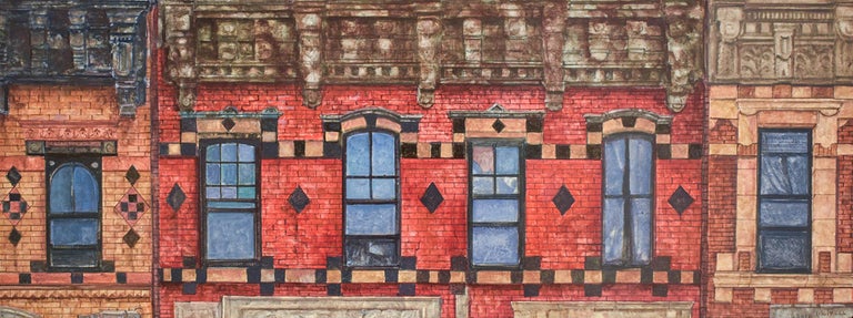 Six Windows, Myrtle Ave (Photo-Realist Oil Painting of Classic NYC Red Building) For Sale 1