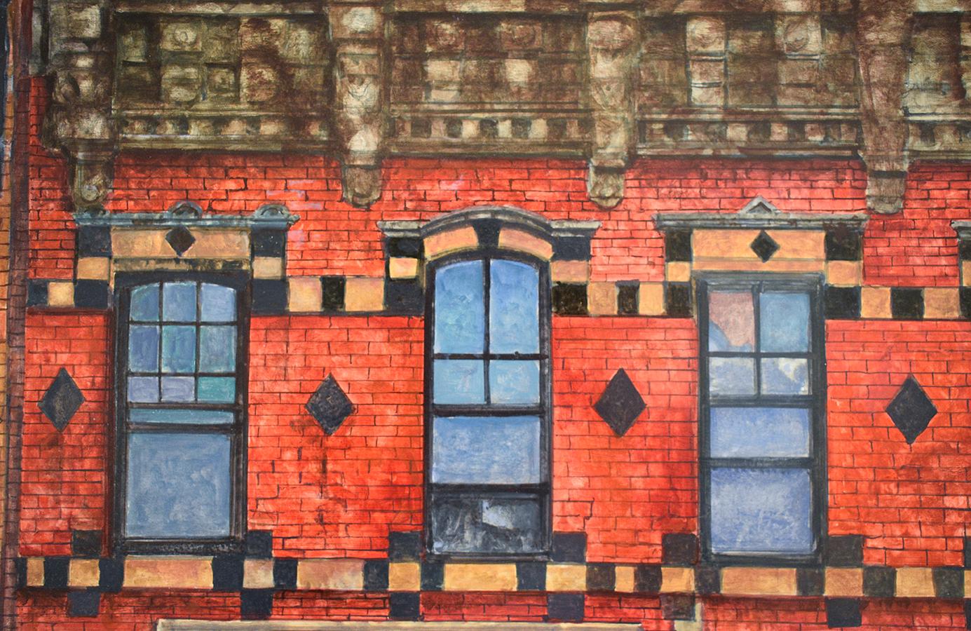 Six Windows, Myrtle Ave (Photo-Realist Oil Painting of Classic NYC Red Building) - Brown Still-Life Painting by Richard Britell