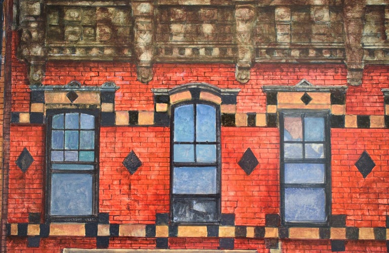 Six Windows, Myrtle Ave (Photo-Realist Oil Painting of Classic NYC Red Building) For Sale 2