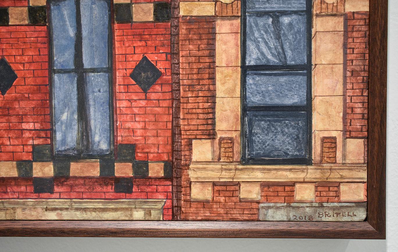 Photo-realist oil painting of a classic red brick building exterior in New York City 
Oil on linen mounted on panel in a handmade walnut frame
10 x 27 x 2 inches framed
Wire backing for seamless hanging

This contemporary, realistic oil painting of