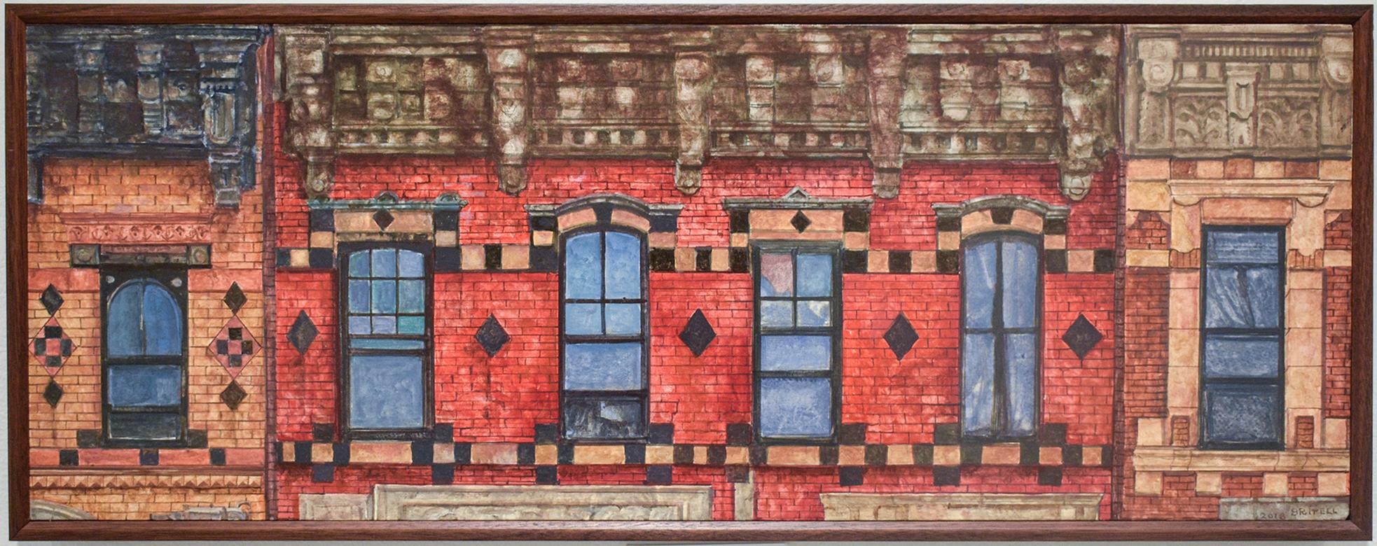 Six Windows, Myrtle Ave (Photo-Realist Oil Painting of Classic NYC Red Building)