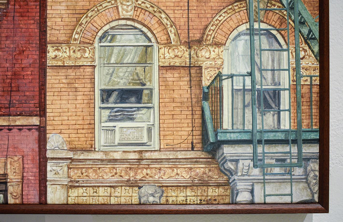 Photo-realist oil painting of a classic red and beige colored stone building exterior in New York City 
Oil on canvas mounted on panel in a handmade walnut frame
10 x 19.75 x 2 inches framed
Wire backing for seamless hanging

This contemporary,