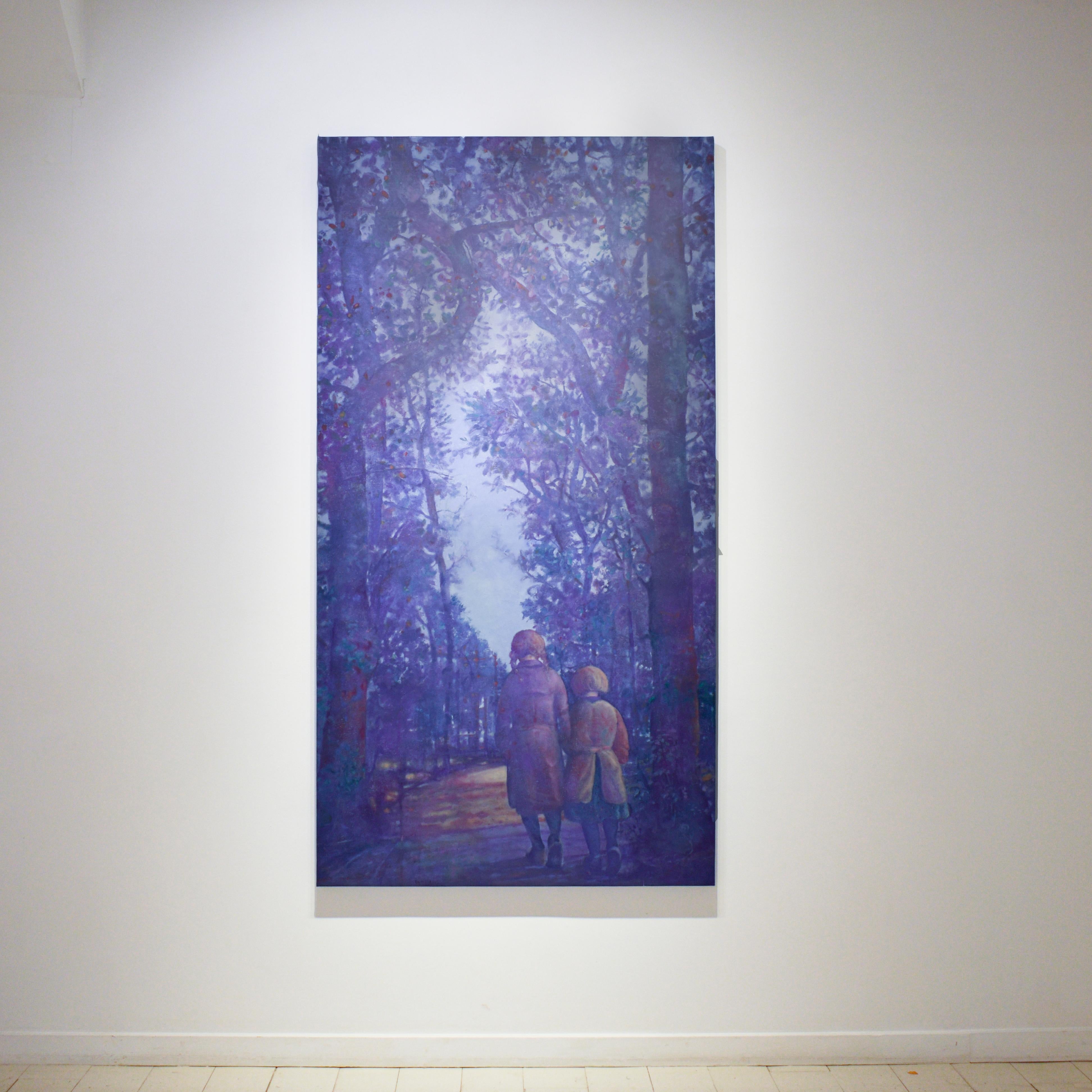 Deux sœurs (peinture à l'huile sur toile - paysage monochrome bleu vertical) - Painting de Richard Britell