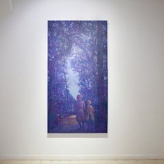 Two Sisters (Vertical Monochromatic Blue Landscape Oil Painting on Canvas)