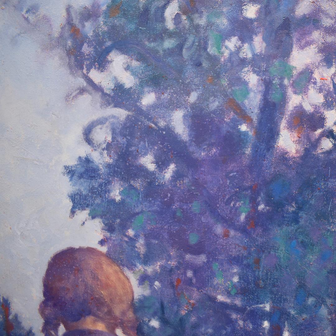 Deux sœurs (peinture à l'huile sur toile - paysage monochrome bleu vertical) - Bleu Landscape Painting par Richard Britell