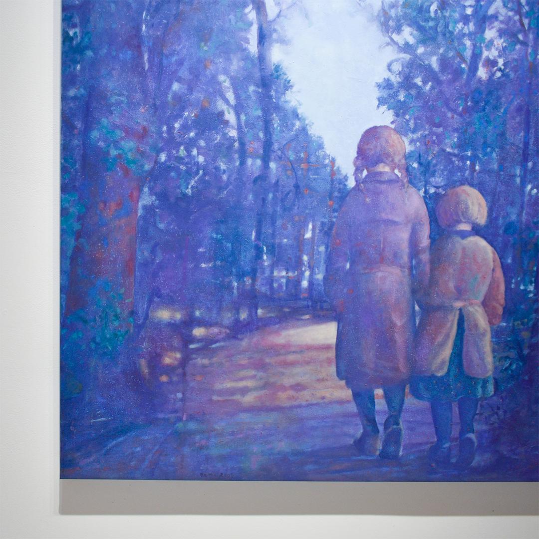 Dos hermanas (Pintura al óleo monocromática vertical sobre lienzo de un paisaje azul) - Painting Contemporáneo de Richard Britell