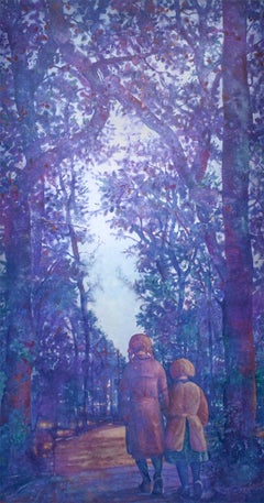 Due sorelle (pittura ad olio verticale monocromatica blu su tela)