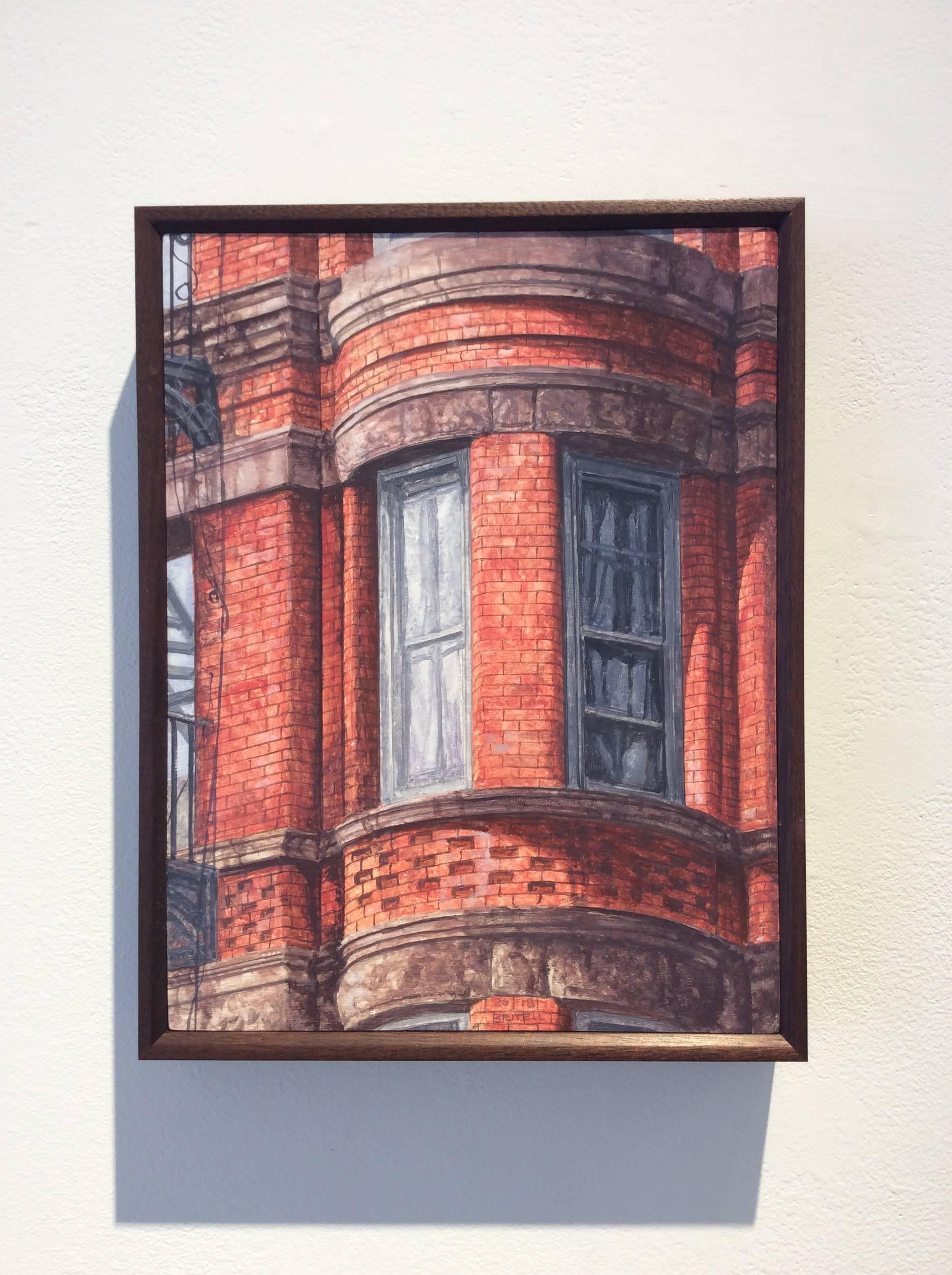 Photo-realist oil painting of New York City red brick building on West 82nd and Amsterdam Avenue.
oil on wood in artist made dark wood frame
11 x 8 inches

This contemporary, realistic oil painting of a New York City building was painted by Richard