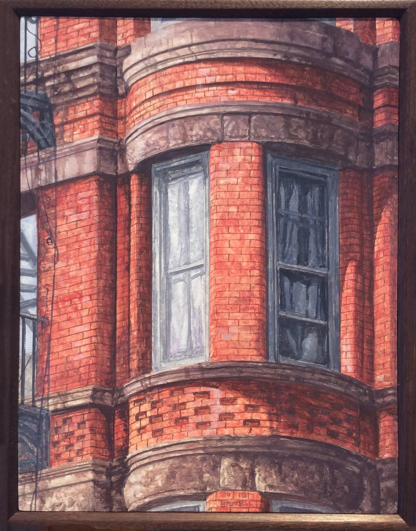 Richard Britell Still-Life Painting - West Side Walk Up (Photo-Realist Still Life Painting of NYC Red Brick Building)