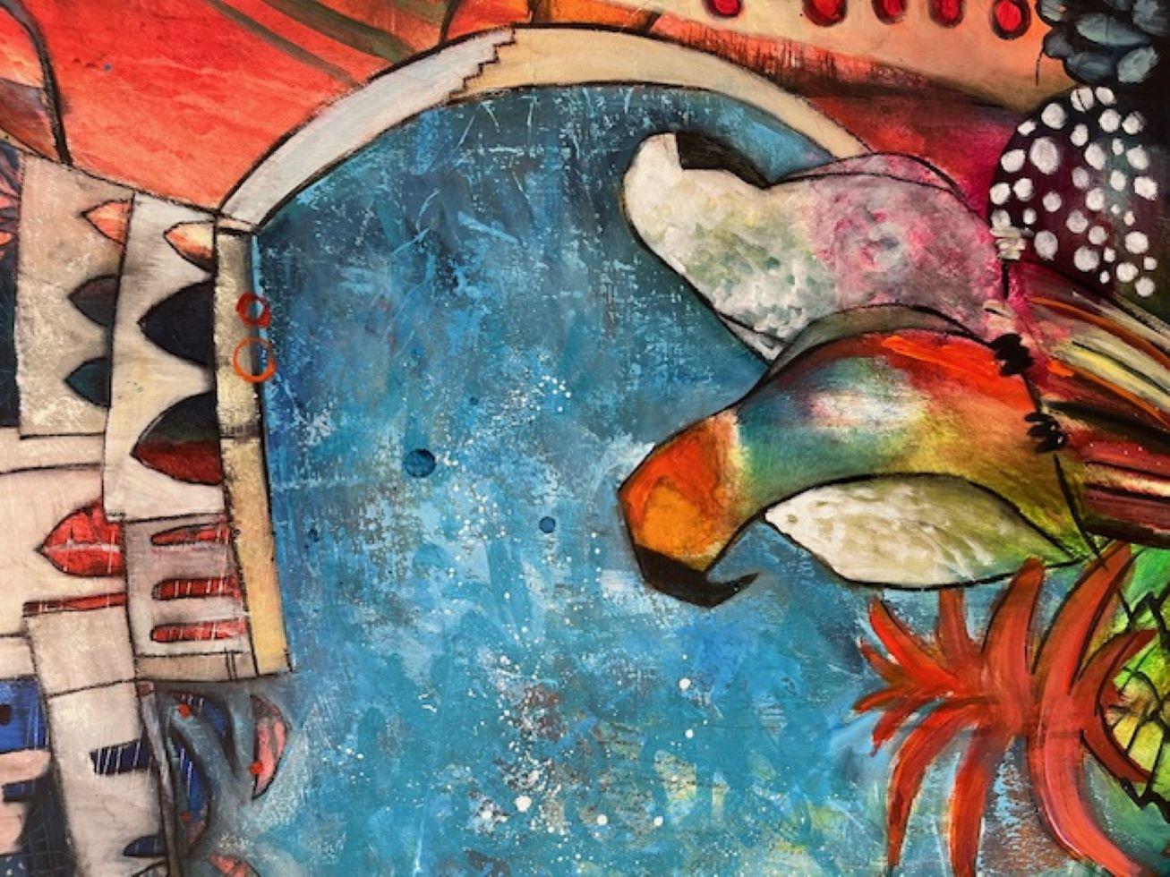 Paradise - Semi astratto contemporaneo di uccelli colorati e magici tropicali - Painting di Richard Burel