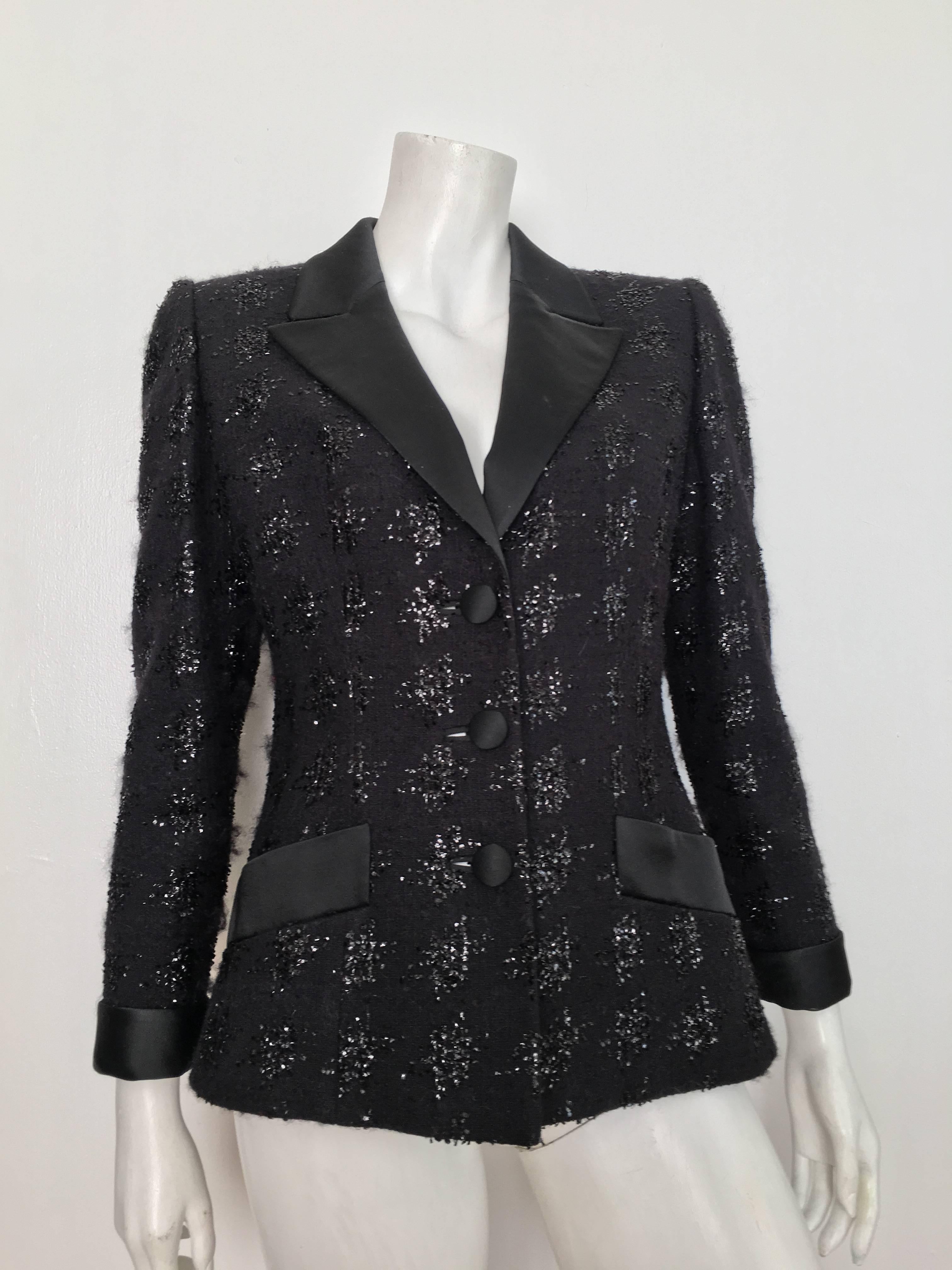Richard Carriere Paris 1980s black wool & mohair tuxedo jacket is labeled a French size 42 and fits like a size 6.  This gorgeous Carriere tuxedo jacket is just gorgeous and timeless, it looks just as classic today as when it was designed.  It has