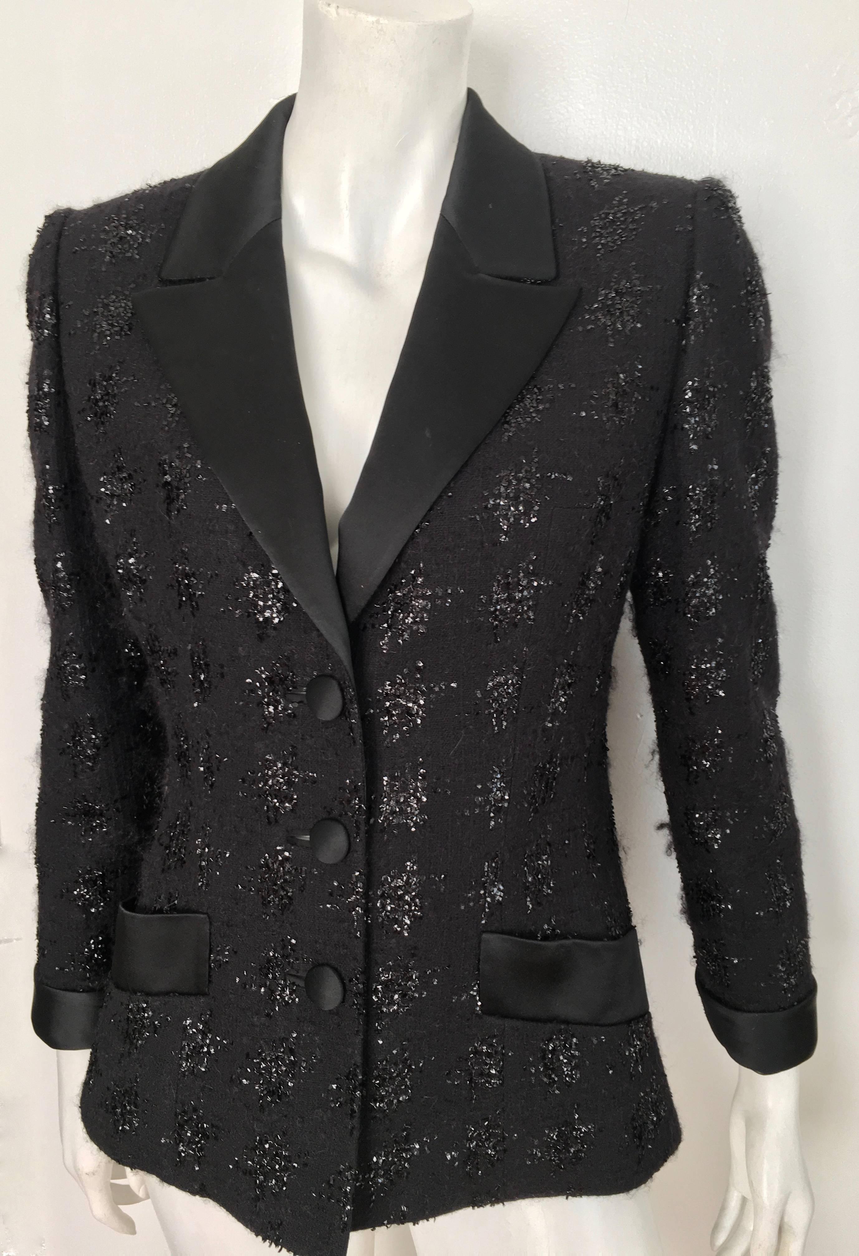 Richard Carriere Paris 1980s Black Mohair Tuxedo Jacket Size 6.  In Excellent Condition For Sale In Atlanta, GA