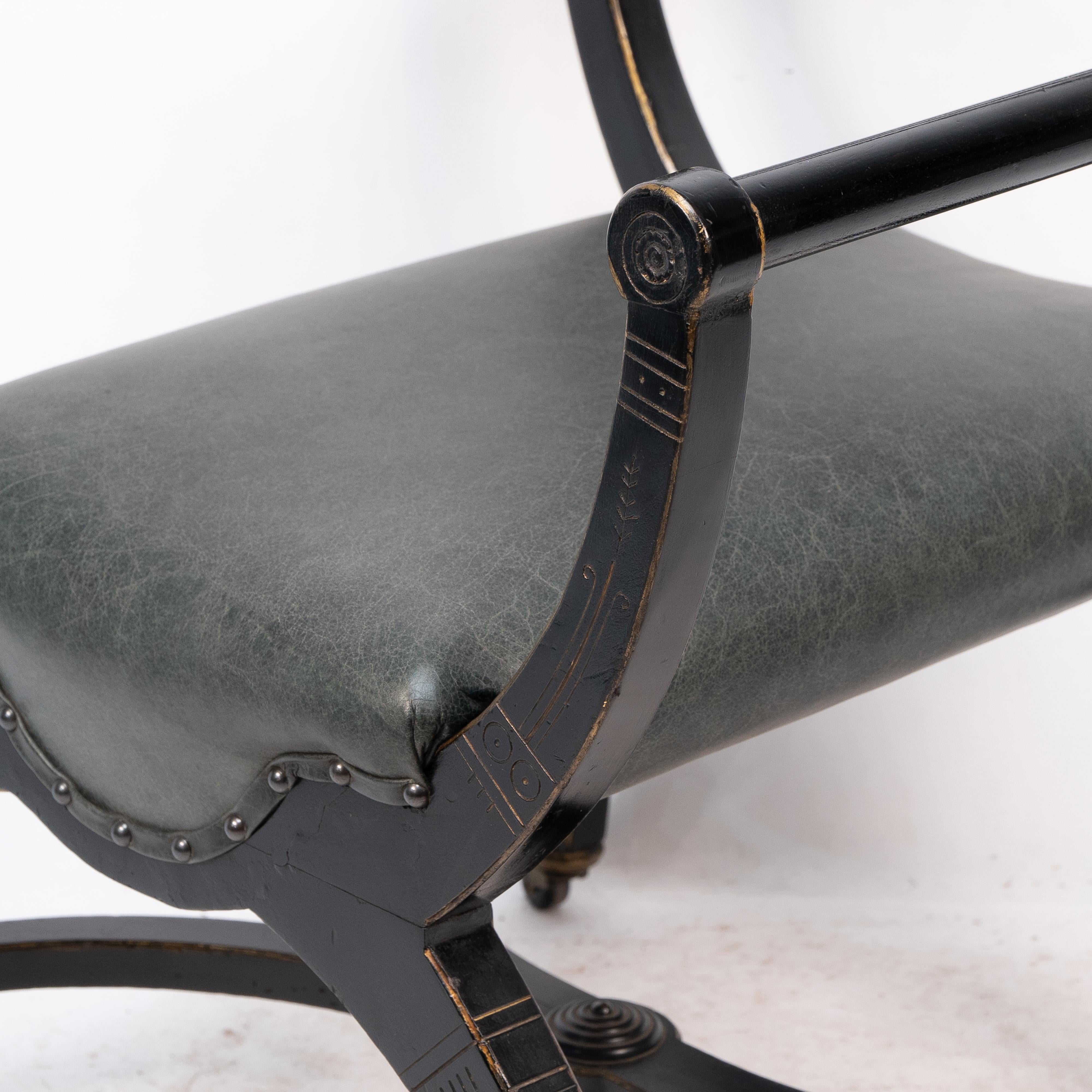 Richard Charles Aesthetic Movement Ebonised Elbow Chair with X Frame stretcher For Sale 1