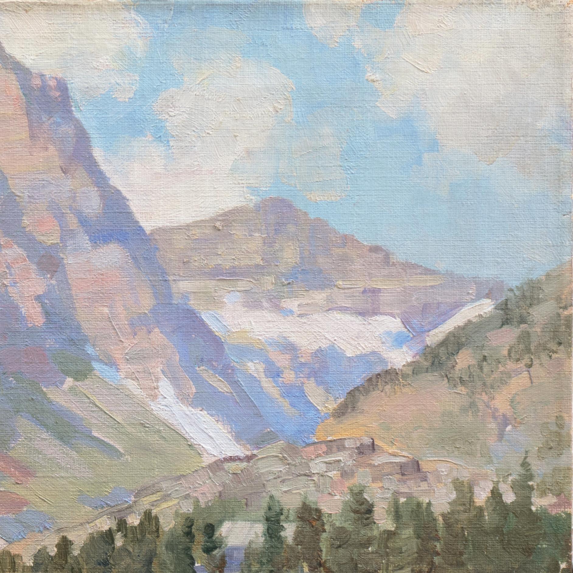 'High Sierras', Paisaje al óleo de un lago de montaña de California, Instituto de Arte de Chicago - Landscape Painting Gris de Richard Chase