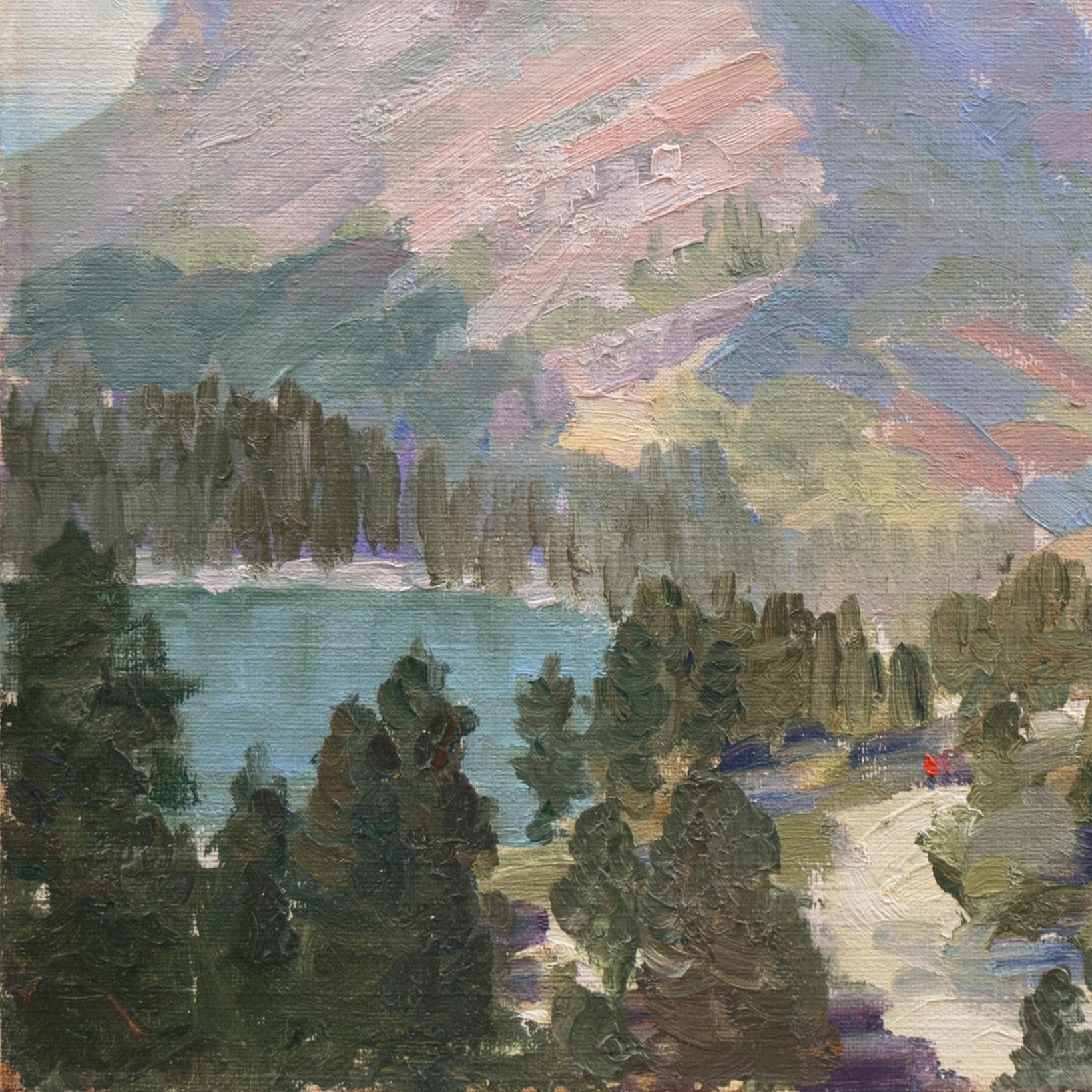 'High Sierras', California Mountain Lake Oil Landscape, Chicago Art Institute - Gray Landscape Painting by Richard Chase