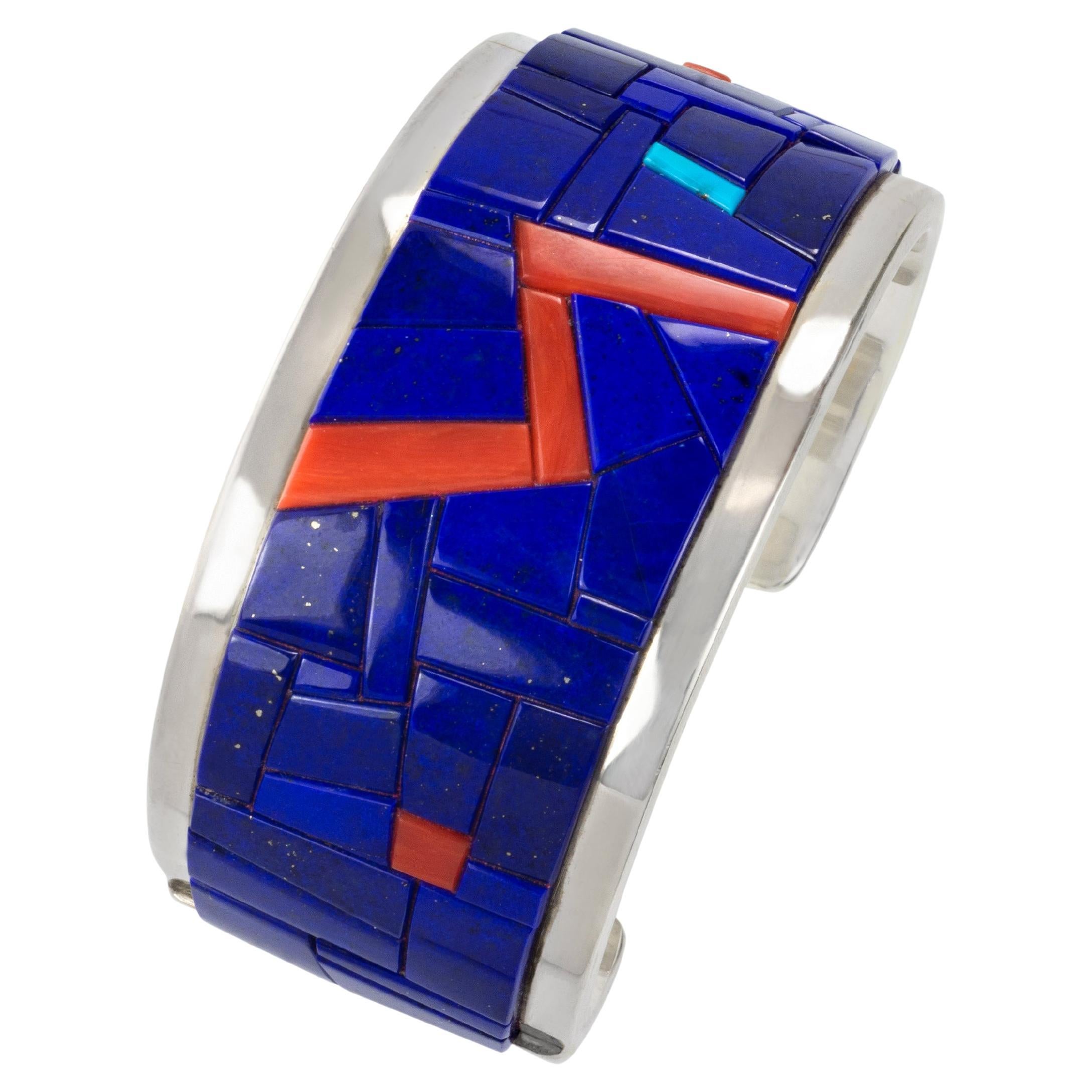 Manchette Richard Chavez en lapis-lazuli, corail, turquoise et argent sterling, 1990 en vente