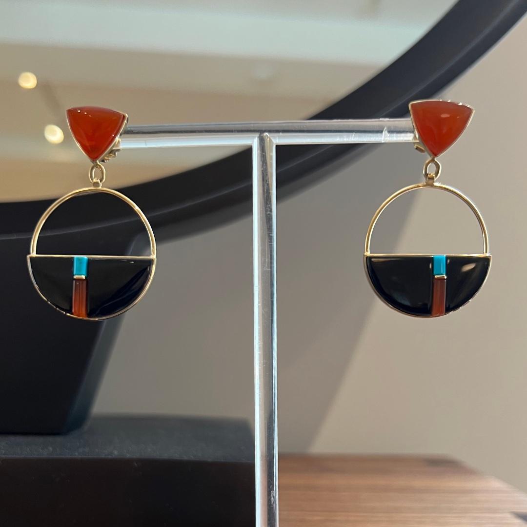 Richard Chavez 18 karat gold dangle earrings with fire opal, black jade, and turquoise, c. 2020.  Maker's mark, 18K.

This master jeweler makes very little work now. These earrings are from this most recent collections and highly