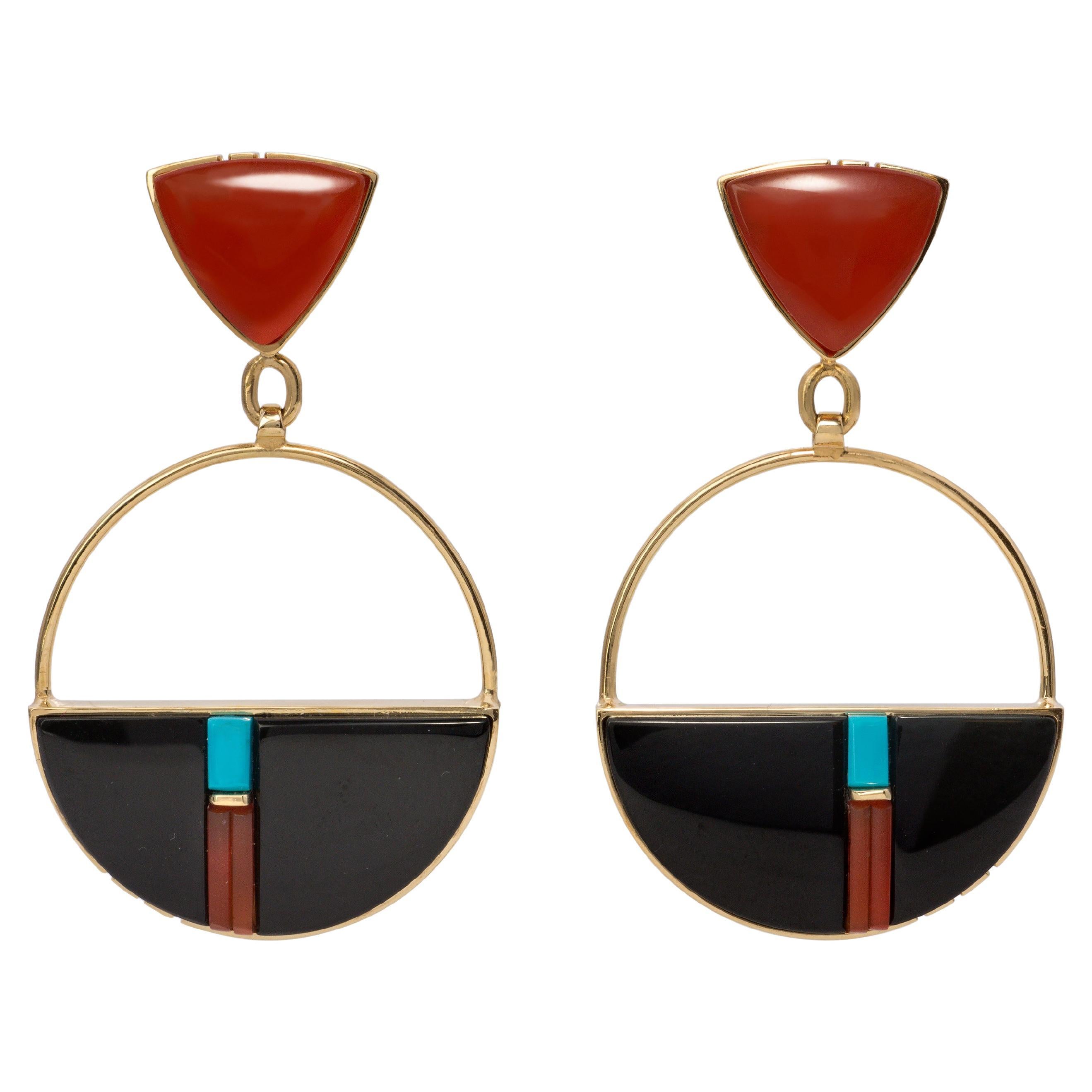 Richard Chavez Fire Opal, Black Jade, and Turquoise 18k Gold Dangle Earrings  For Sale
