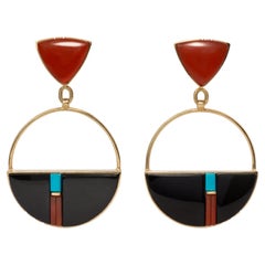 Used Richard Chavez Fire Opal, Black Jade, and Turquoise 18k Gold Dangle Earrings 