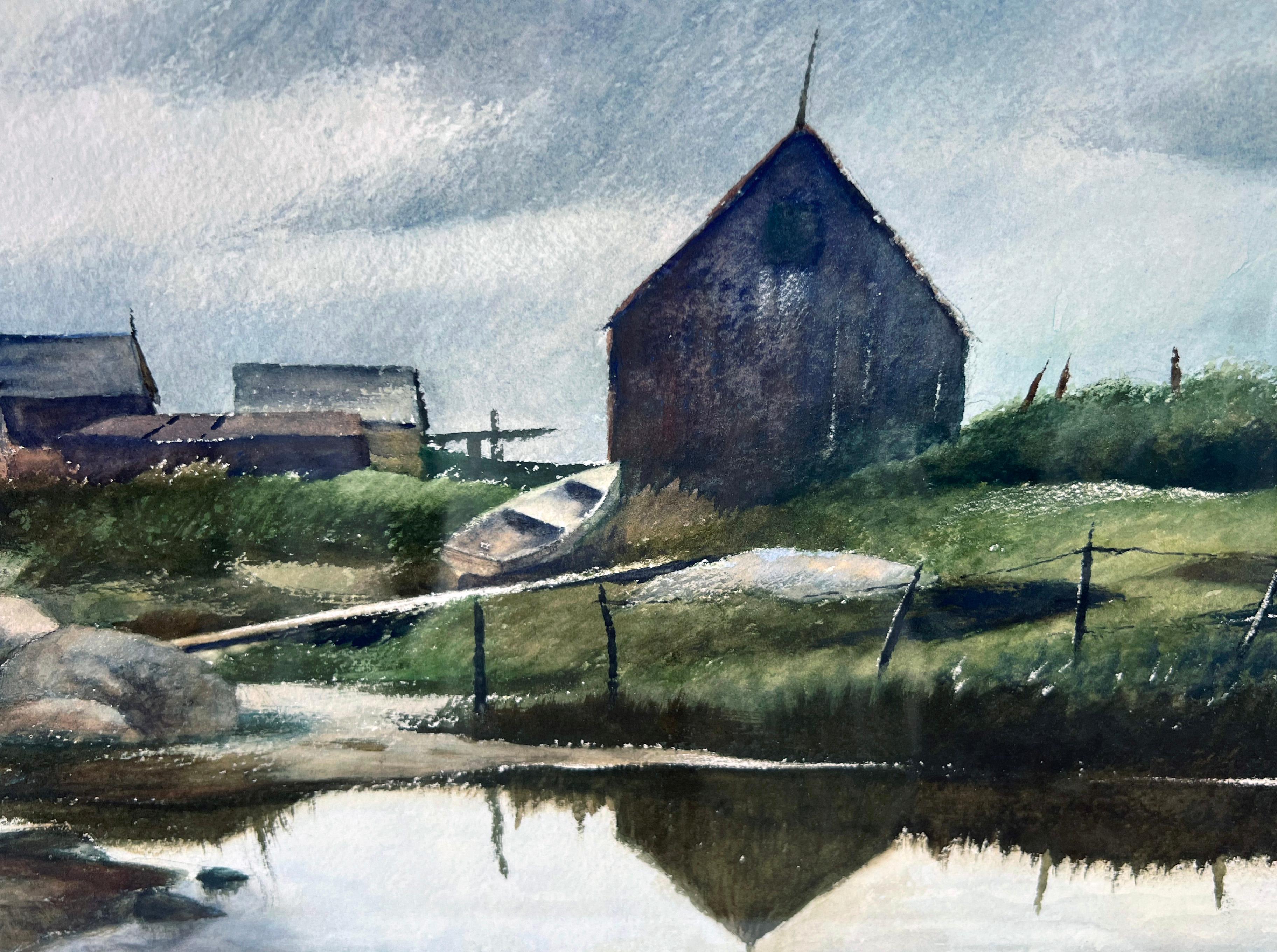Fishing Village - Massachusetts Watercolor on Paper
Cloudy day on the Massachusetts Coast by Richard Clark Hare (American, 1906-1959).  Richard Clarke Hare was a painter best known for his watercolor scenes of the Massachusetts seashore.  In the