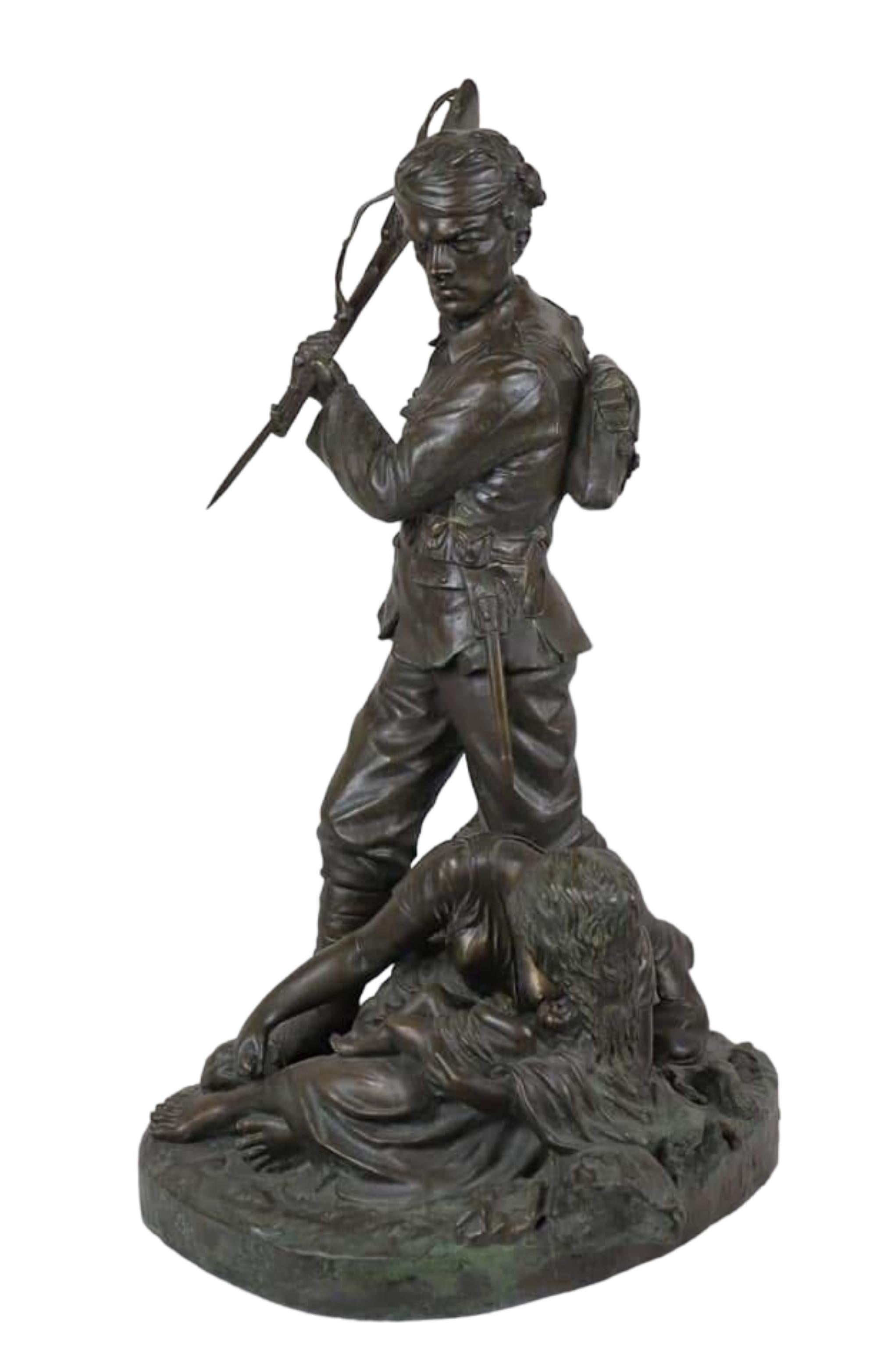 Richard Claude Belt (English, 1851-1921)

Signed: R. Belt 1918 (base verso)

" Casualties of War " 1918

Bronze

Height 26"

Width  15"

Depth  13"

In very good original condition with nice patina.

When observing this piece, some believe the