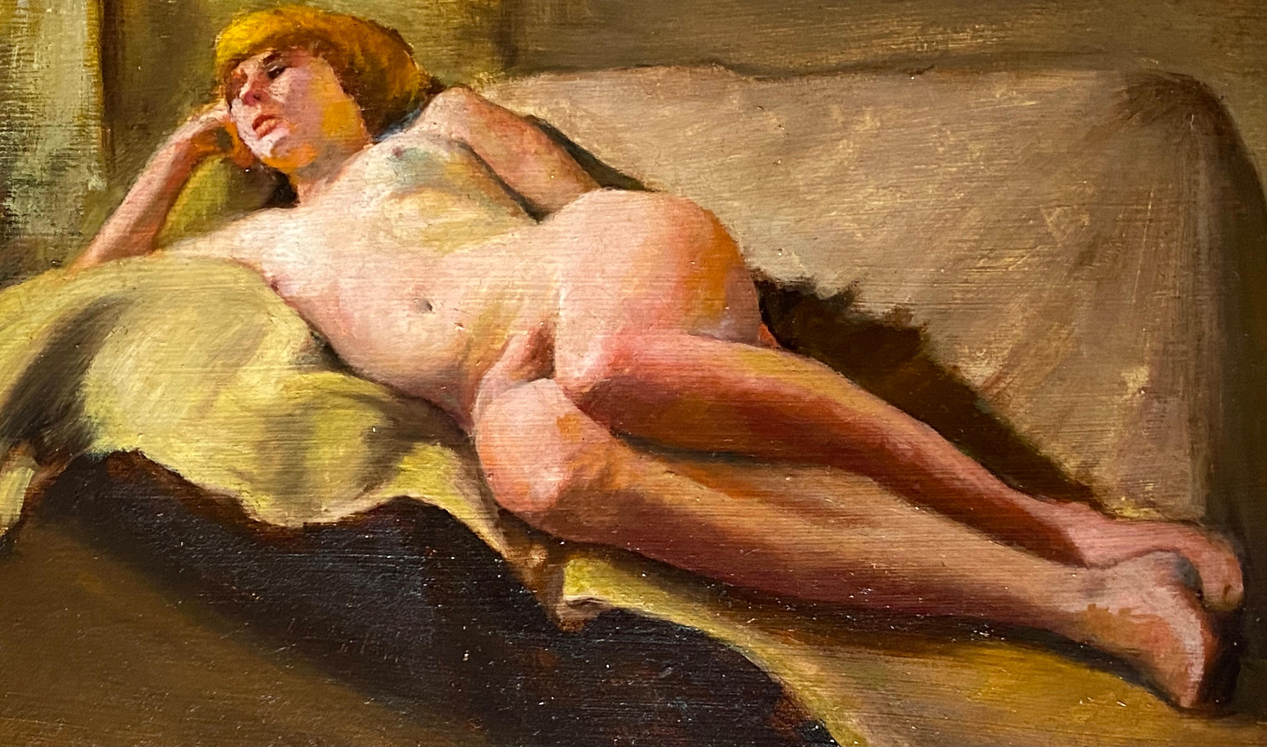
Very well executed oil on masonite painting of a reclining female nude by the New York artist, Richard Clive. Signed lower left by the artist. Circa 1965.  Condition is very good. The painting is housed in its original ornate gold leaf with white