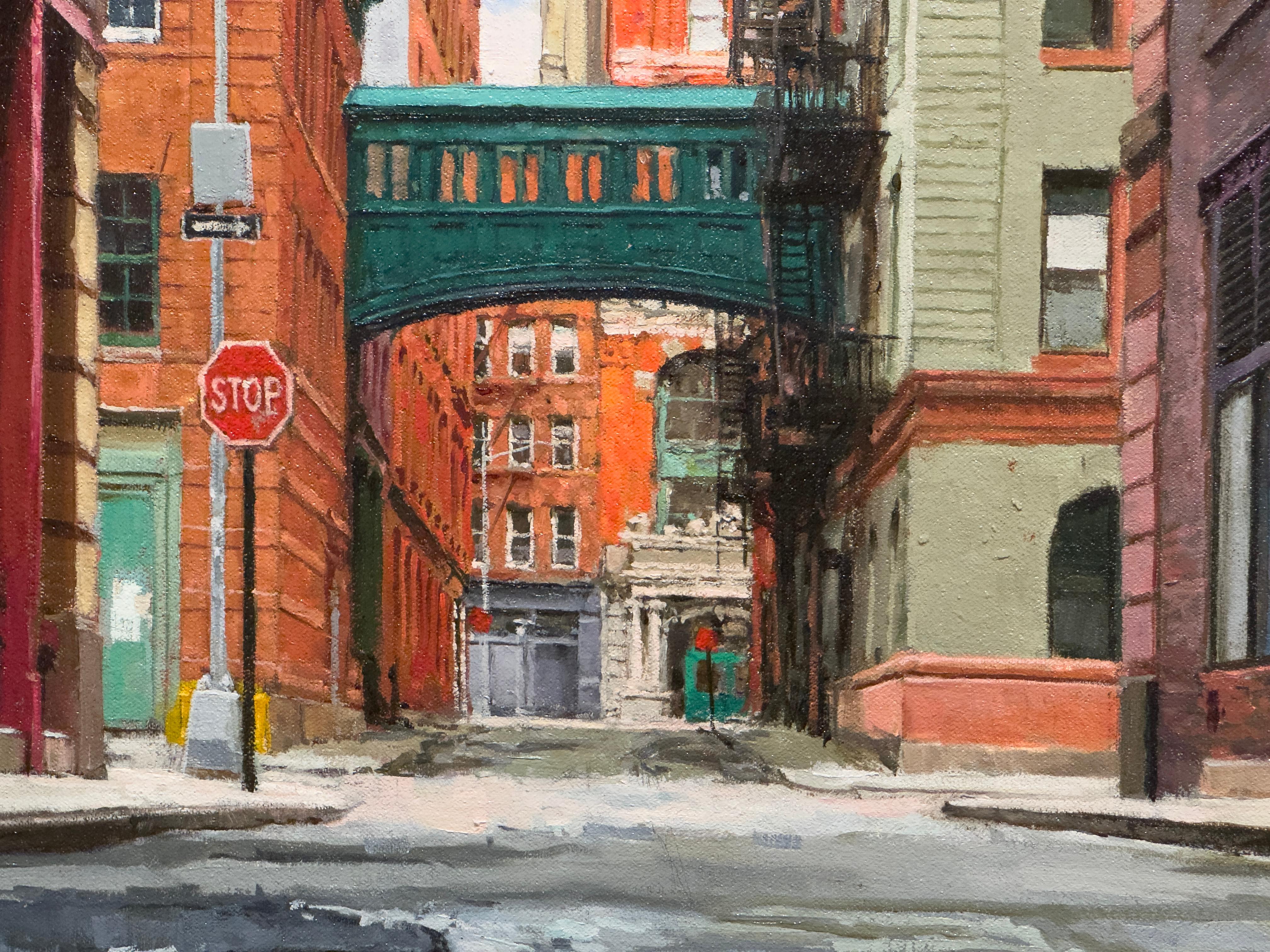 AFTER THE OVERNIGHT RAIN - New York City, Cityscape, Realism - Gray Landscape Painting by Richard Combes