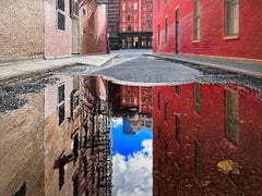 AFTERNOON REFLECTION STAPLE STREET, photorealism, new york city, brick, puddle