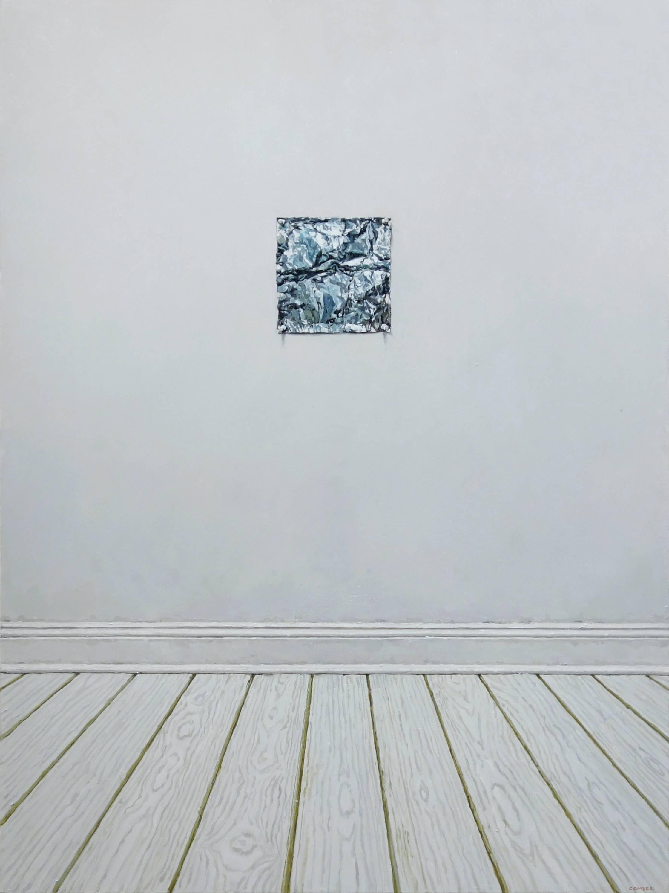 ALUMINUM FOIL PINNED TO A WALL - Weiße Wand / Gemischte Materialien / Stillleben – Painting von Richard Combes