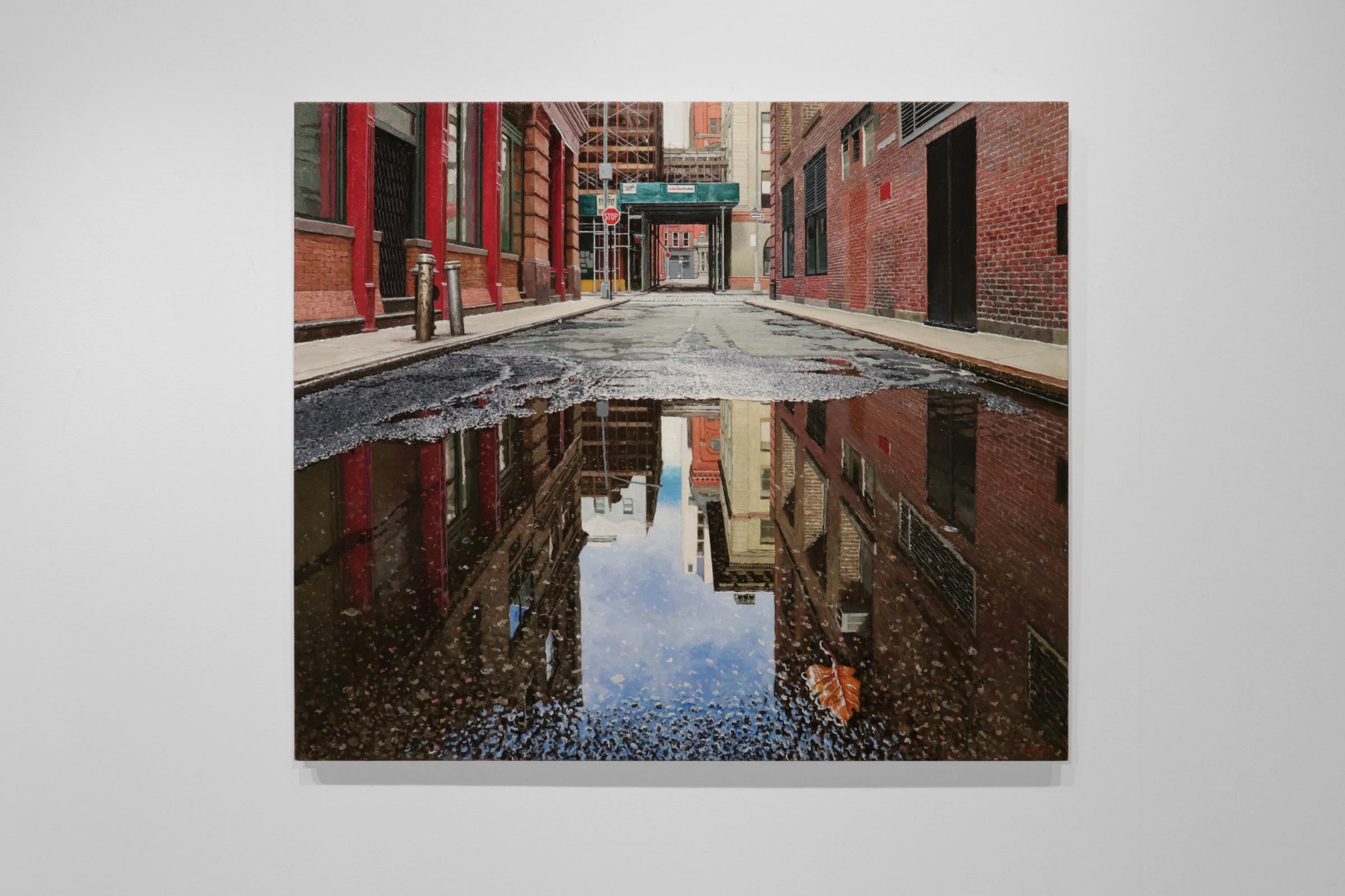 AUTUMN REFLECTIONS STAPLE STREET MANHATTAN, photorealism, red brick, reflection - Painting by Richard Combes