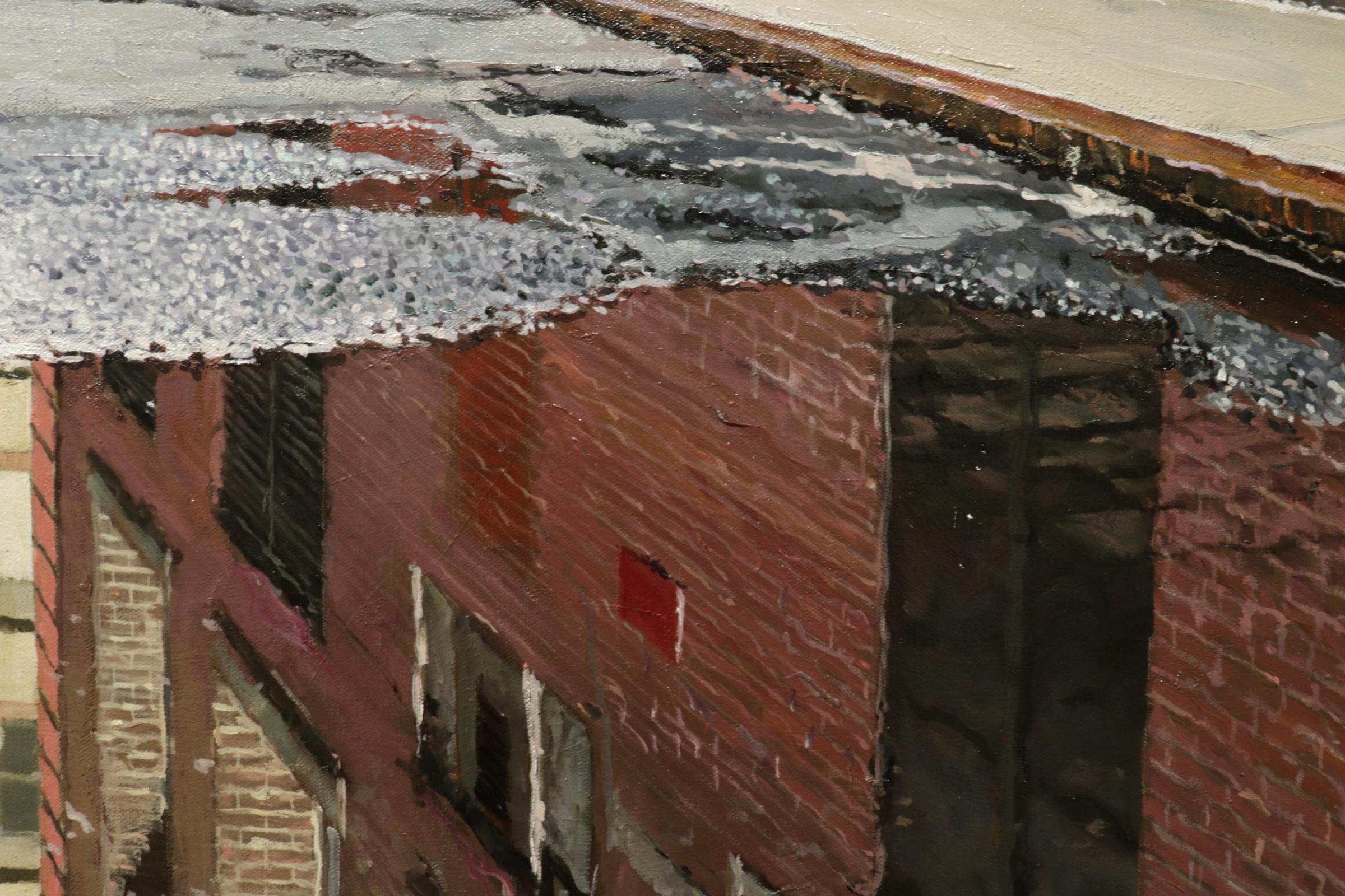AUTUMN REFLECTIONS STAPLE STREET MANHATTAN, photorealism, red brick, reflection - Contemporary Painting by Richard Combes