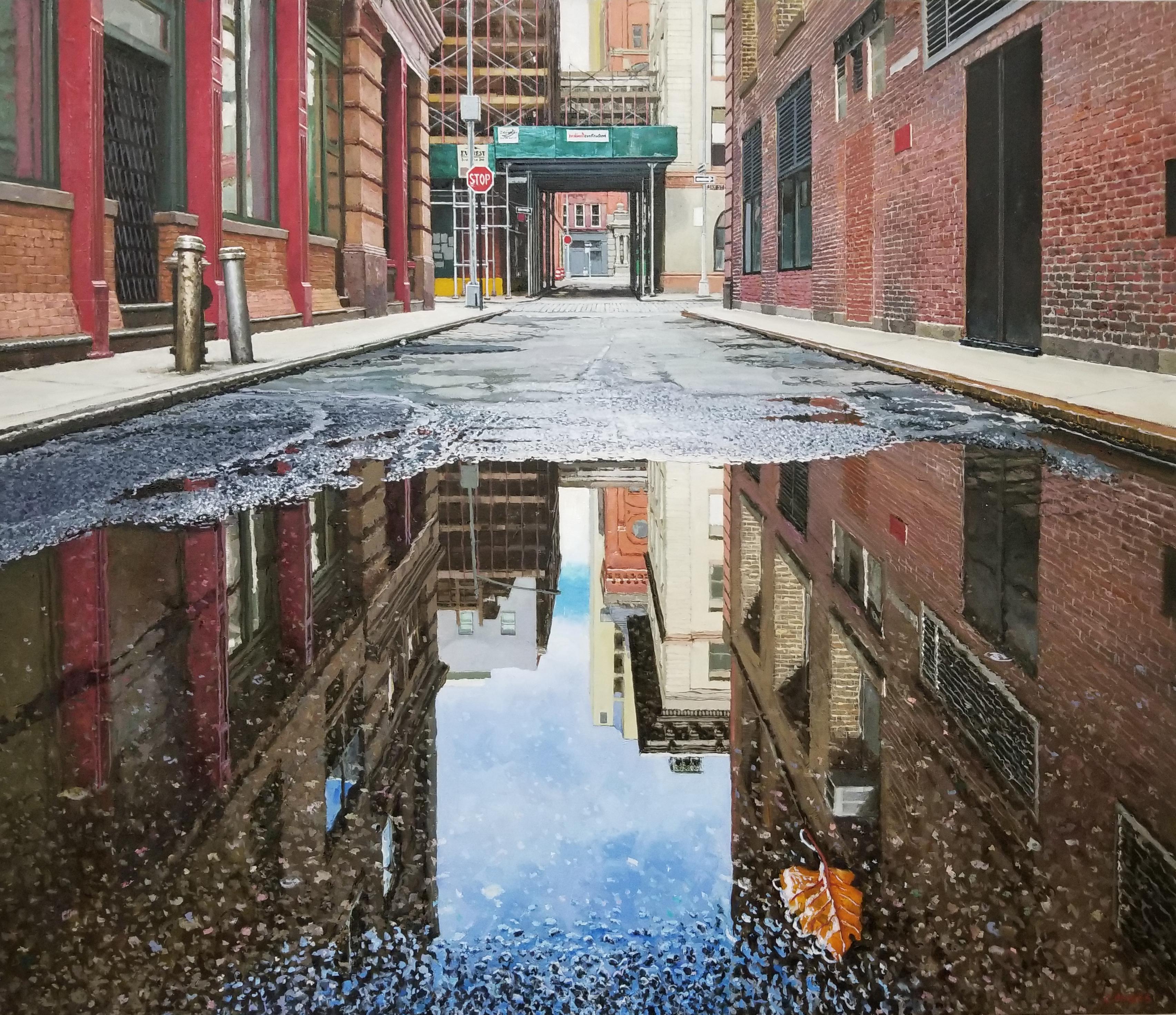 Richard Combes Landscape Painting - AUTUMN REFLECTIONS STAPLE STREET MANHATTAN, photorealism, red brick, reflection