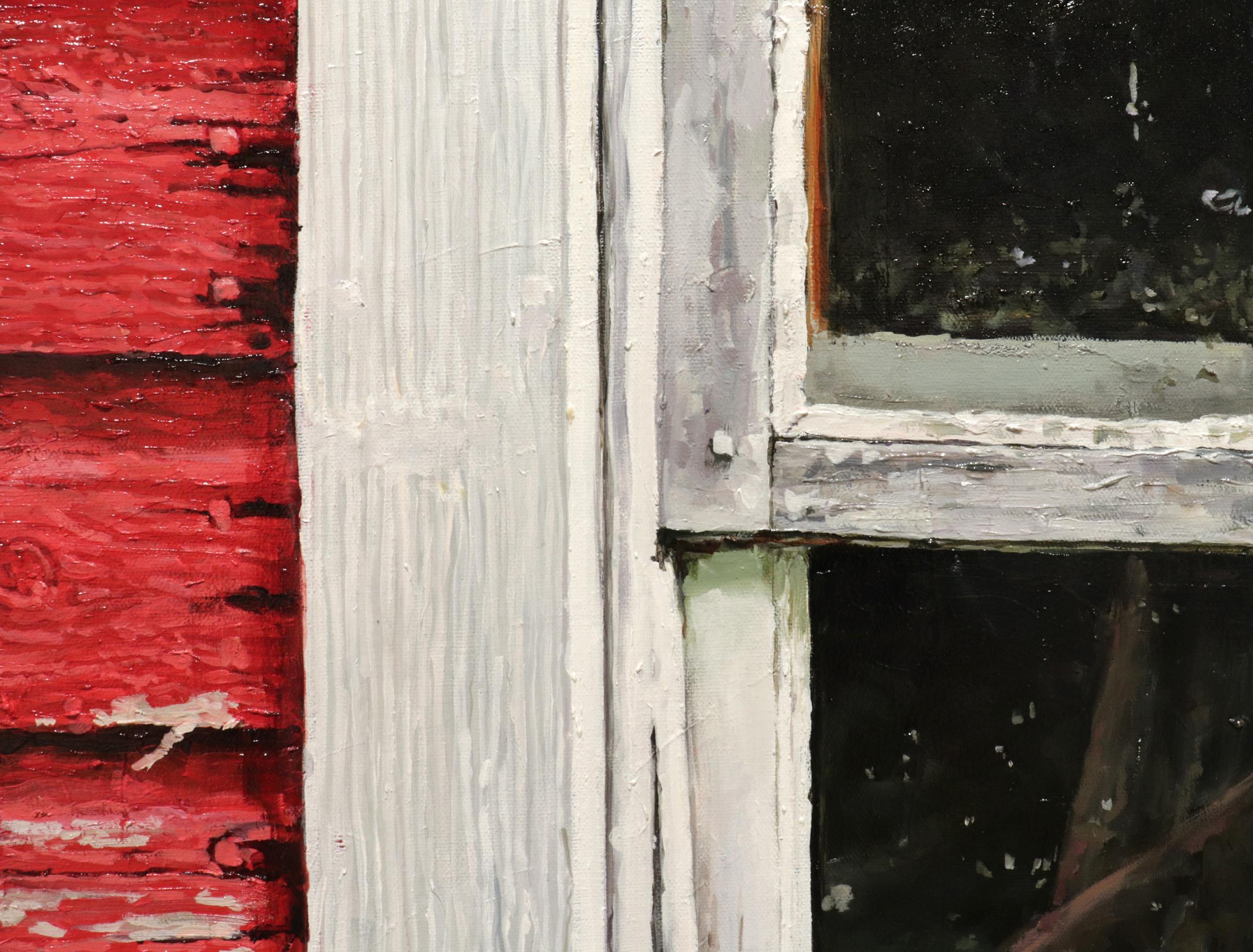 BARN WINDOW - Photorealism / Old Red Barn / Weathered Farmhouse / Reflection - Painting by Richard Combes