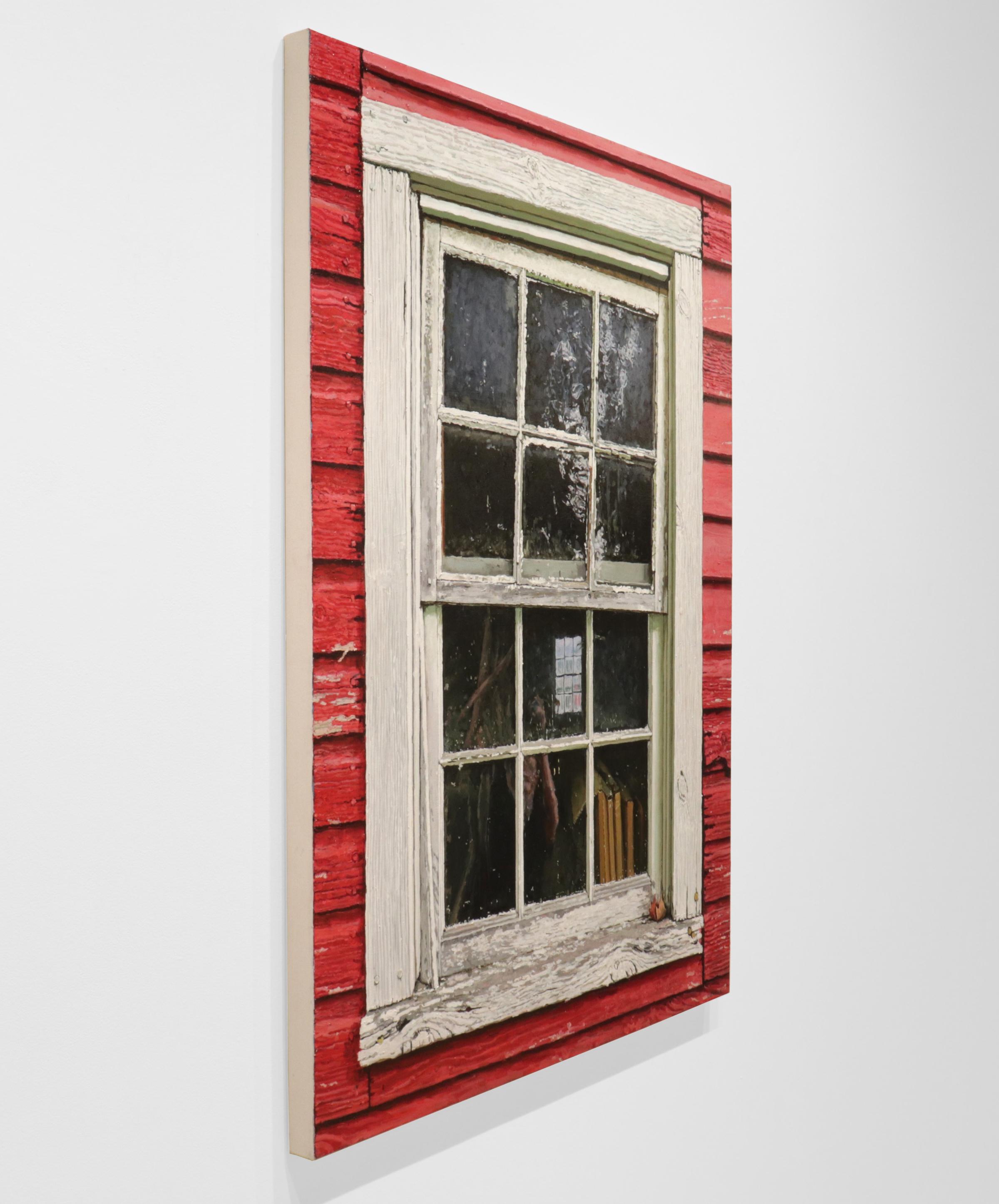 BARN WINDOW - Photorealism / Old Red Barn / Weathered Farmhouse / Reflection - Contemporary Painting by Richard Combes