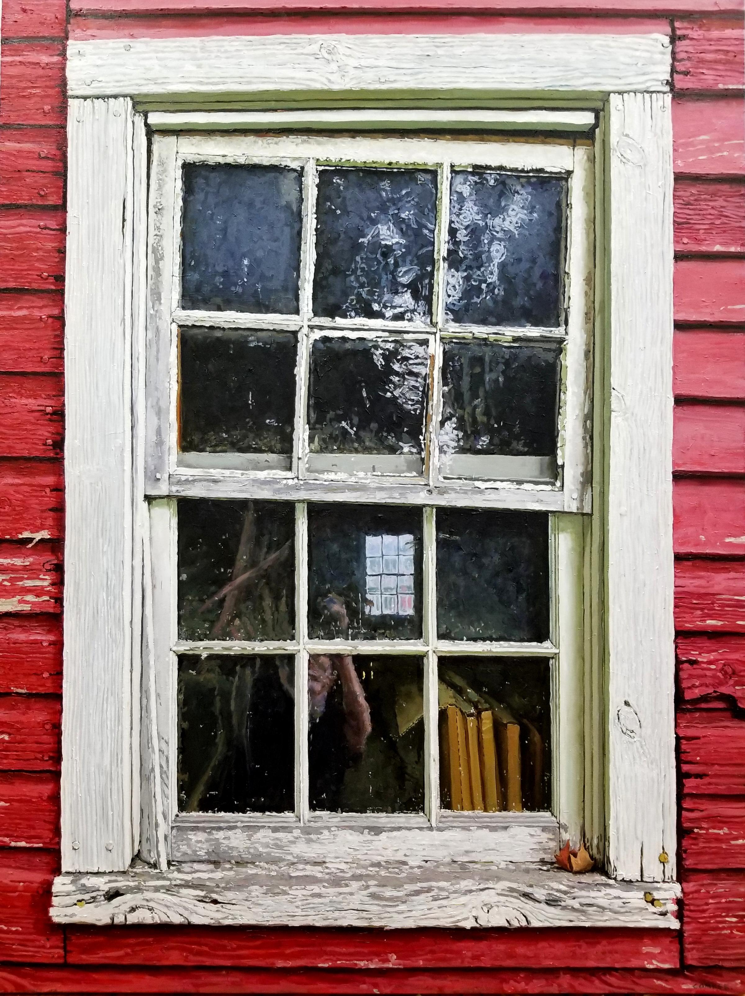 Richard Combes Landscape Painting - BARN WINDOW - Photorealism / Old Red Barn / Weathered Farmhouse / Reflection