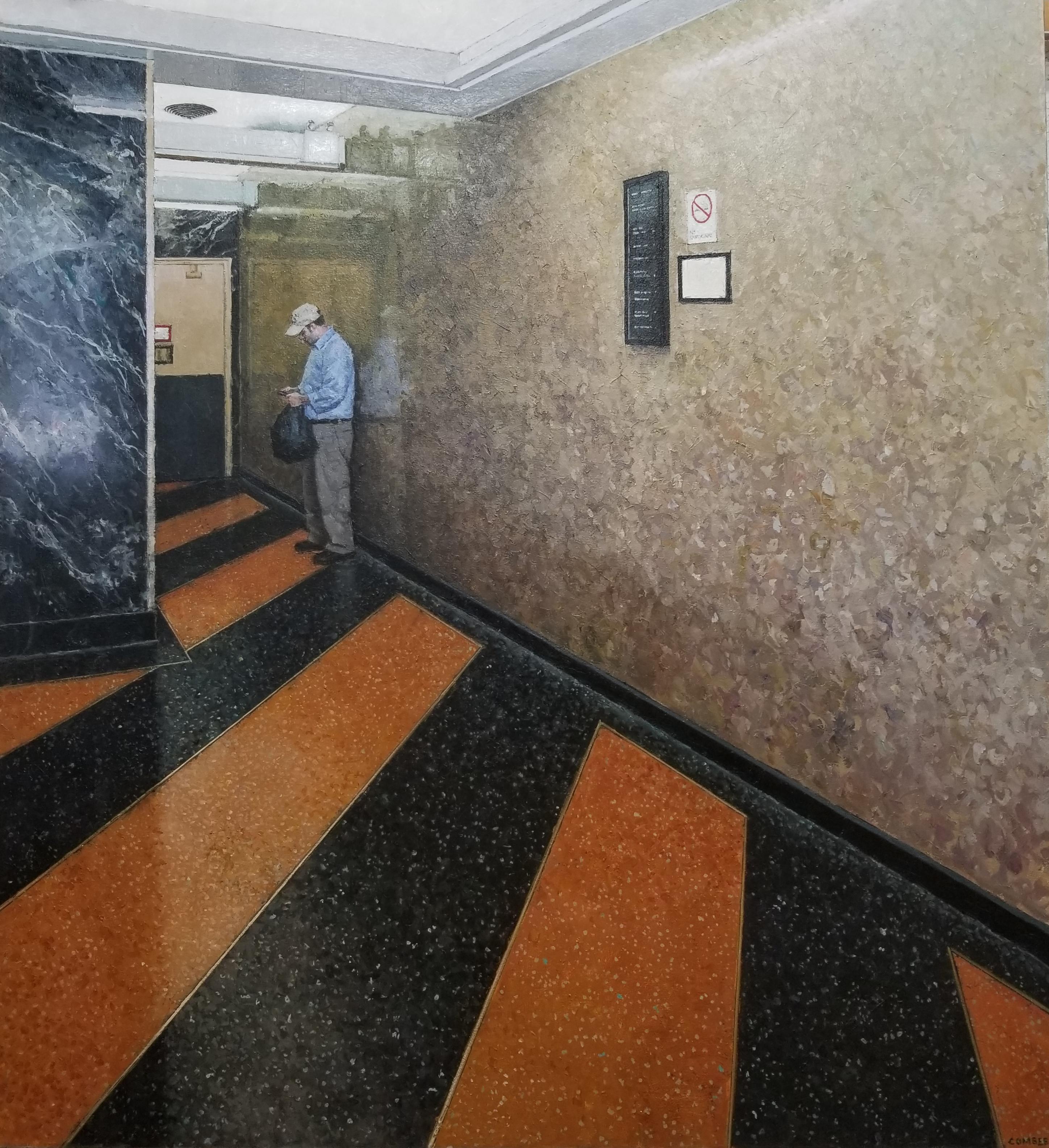 Richard Combes Interior Painting - COMMUNICATION, NYC - Elevator / Interior / Male Figure / Old Building / New York